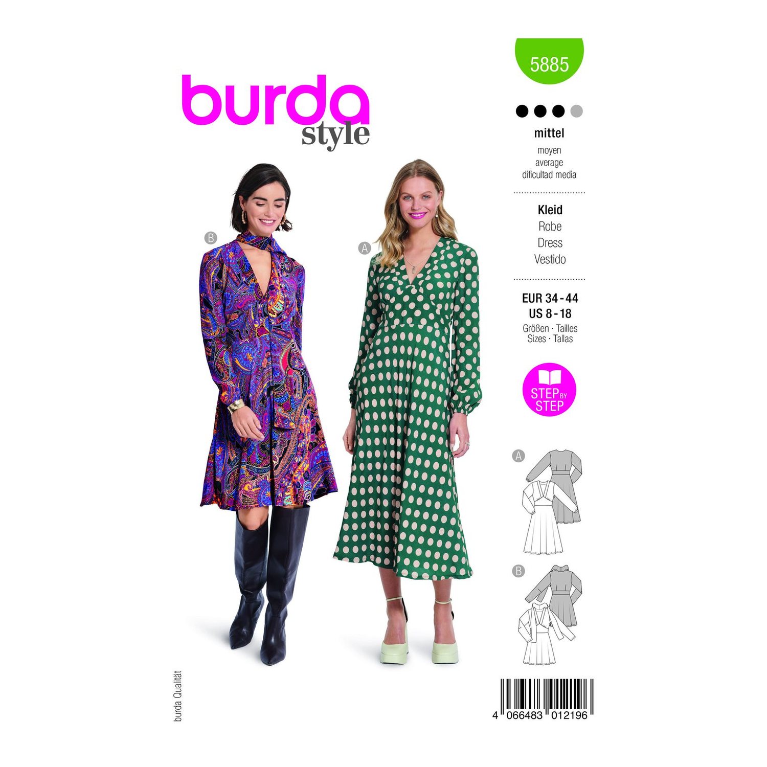 burda style Schnittmuster 5885: Kleid mit V-Ausschnitt und Taillenblende, Modellfoto 1