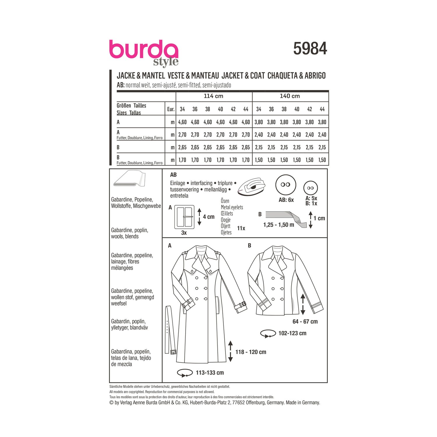 burda style Schnittmuster 5984: Kaban-Jacke und Trenchcoat, Rückseite der Schnittmustertüte mit Stoffverbrauch