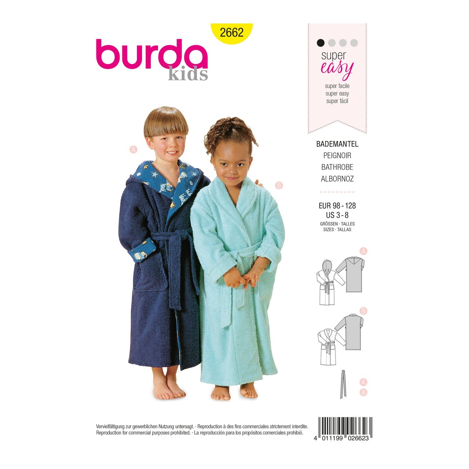 burda style Schnittmuster 2662: Bademantel für Kinder, Vorderseite der Schnittmustertüte
