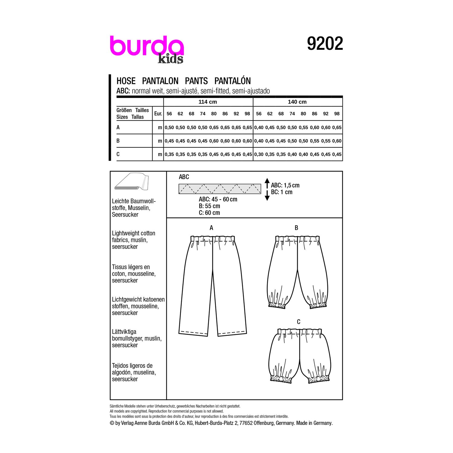 burda style Schnittmuster 9202: Babyhosen und Shorts, Rückseite der Schnittmustertüte mit Stoffverbrauch