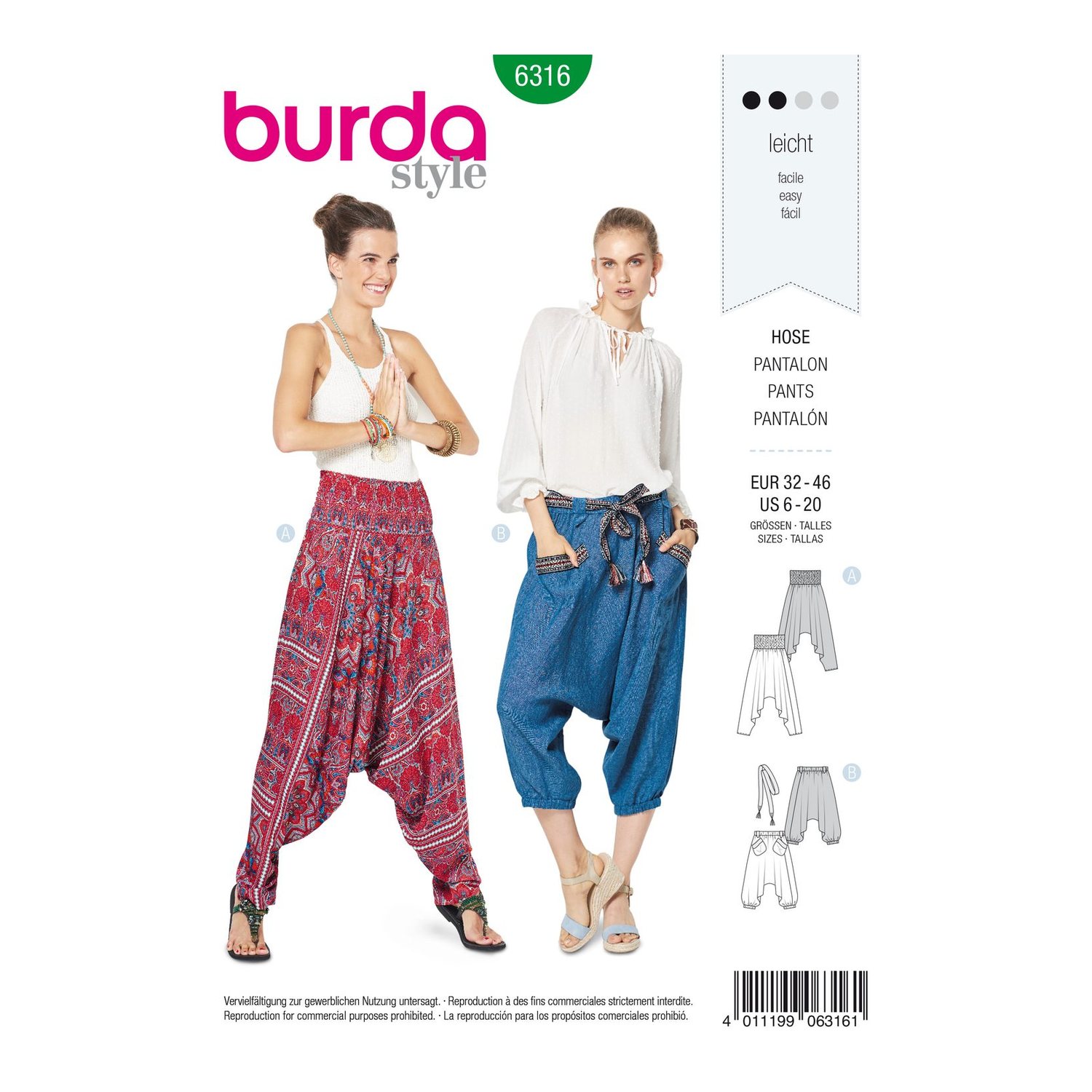 burda style Schnittmuster 6316: Sarouelhose mit Gummizug, Vorderseite der Schnittmustertüte