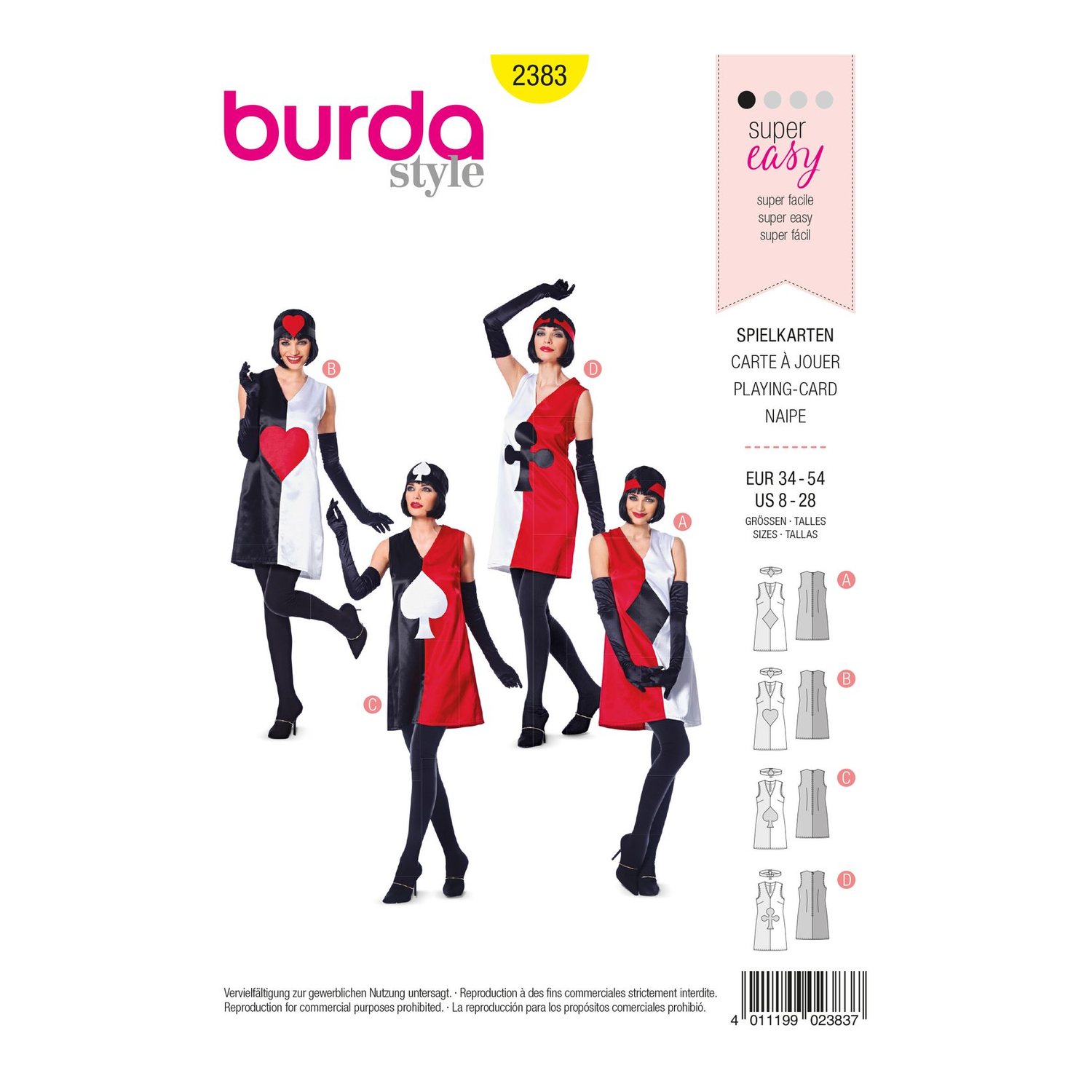 burda style Schnittmuster 2383: Spielkarten-Kleid mit Stirnband, Vorderseite der Schnittmustertüte
