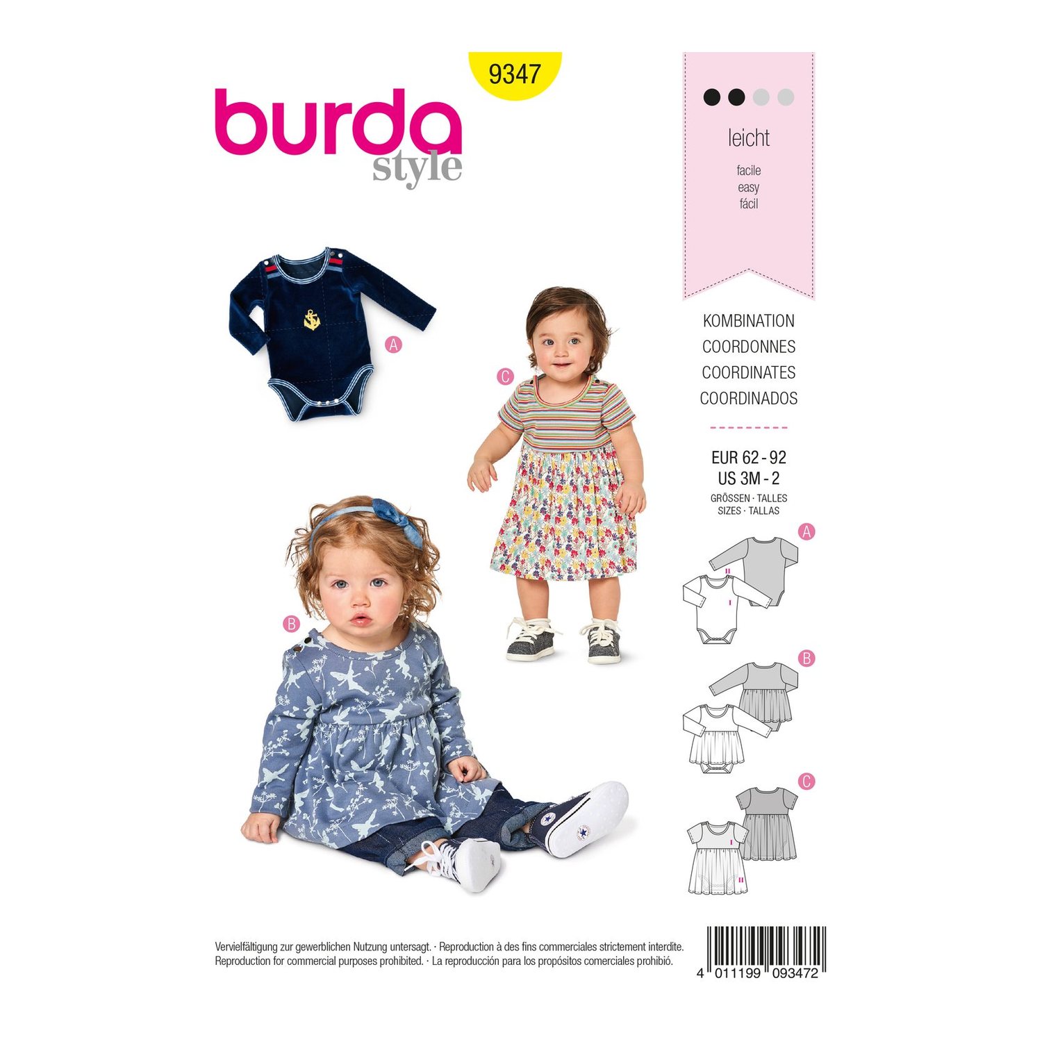 burda style Schnittmuster 9347: Babybody mit Rockteil, Vorderseite der Schnittmustertüte