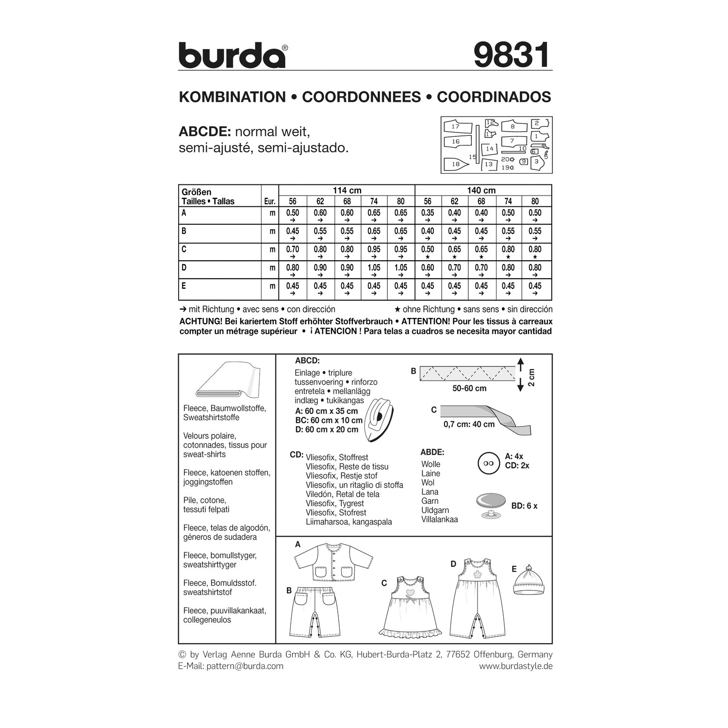 burda style Schnittmuster 9831: Babykombination zum Selbernähen, Rückseite der Schnittmustertüte mit Stoffverbrauch