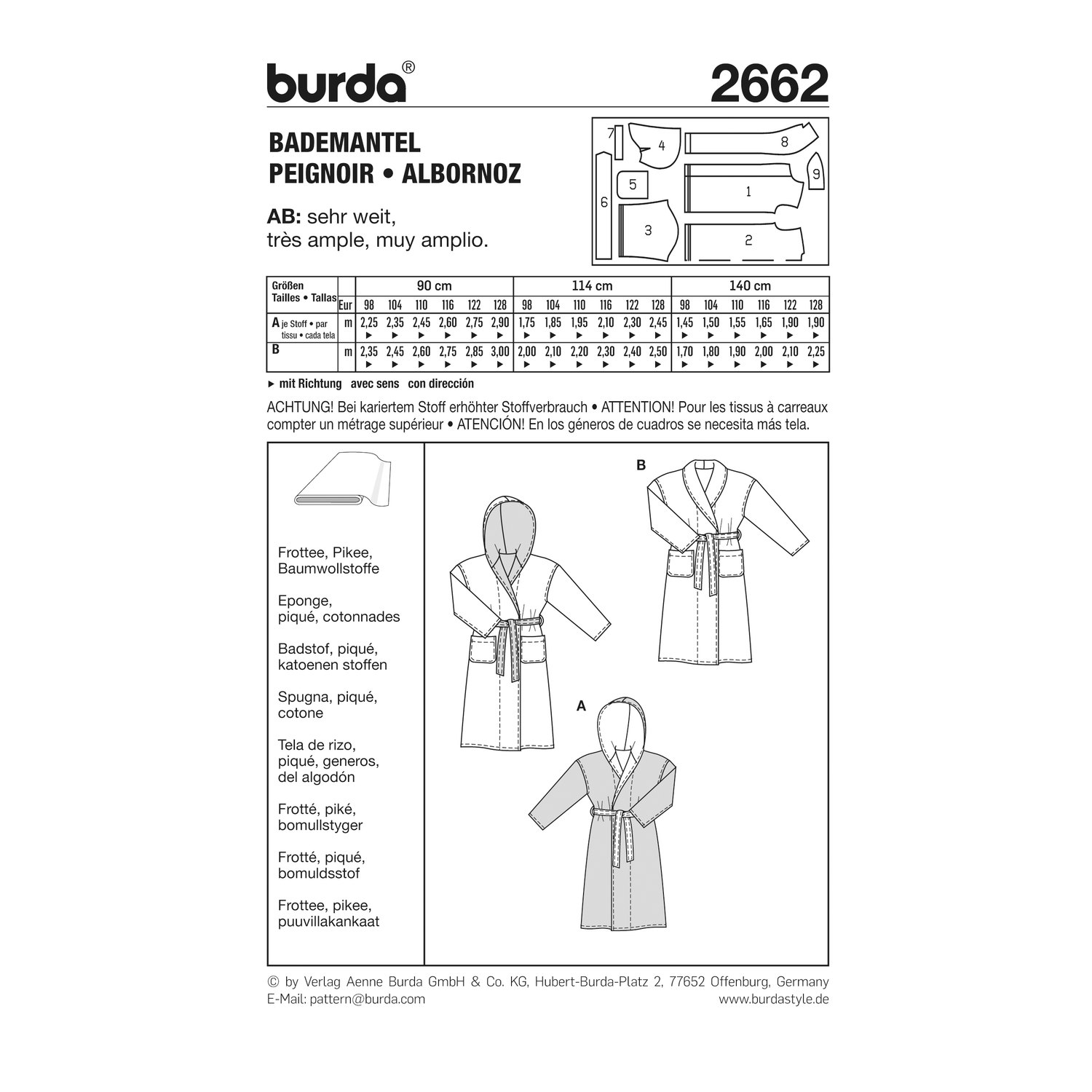 burda style Schnittmuster 2662: Bademantel für Kinder, Rückseite der Schnittmustertüte mit Stoffverbrauch