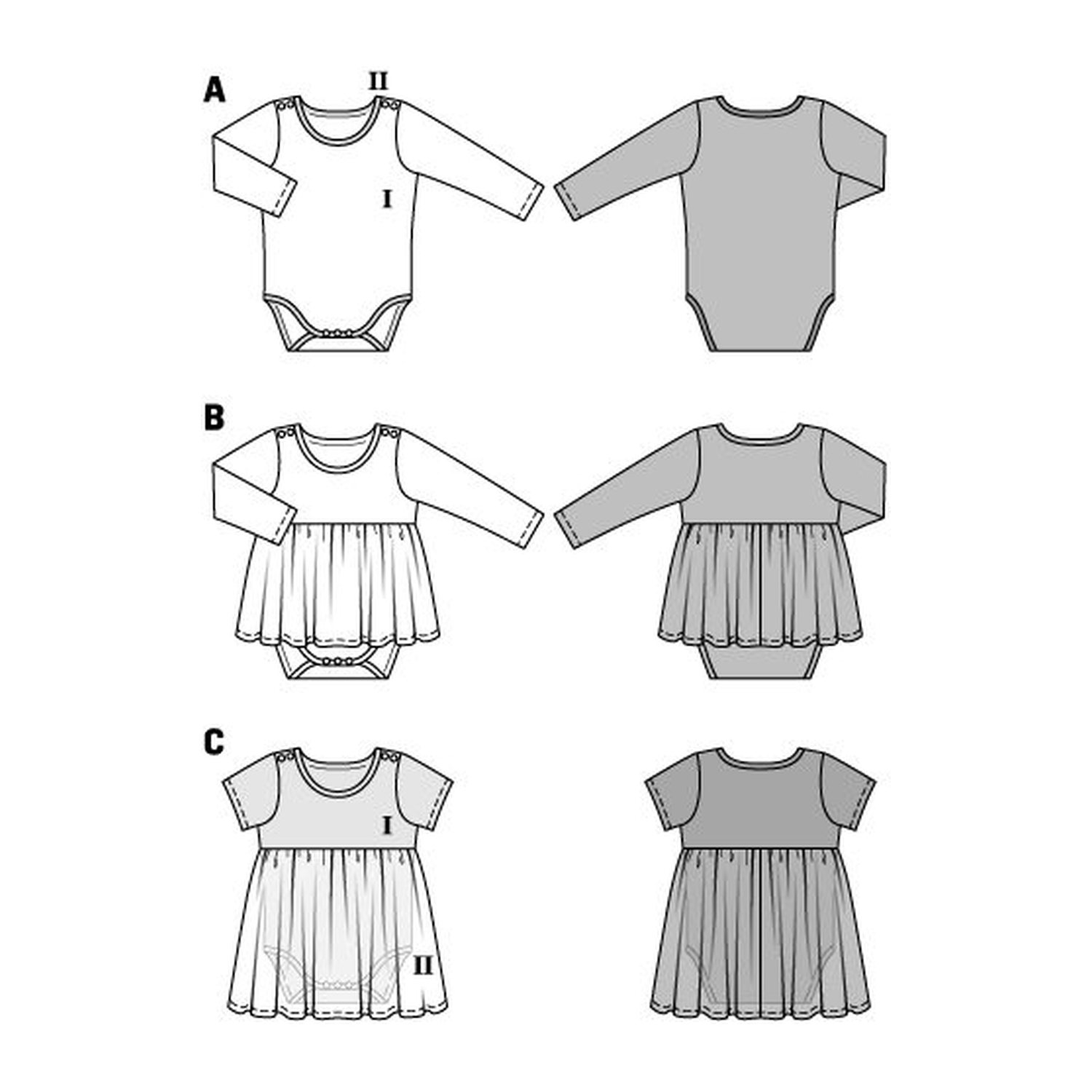 burda style Schnittmuster 9347: Babybody mit Rockteil, Technische Zeichnung