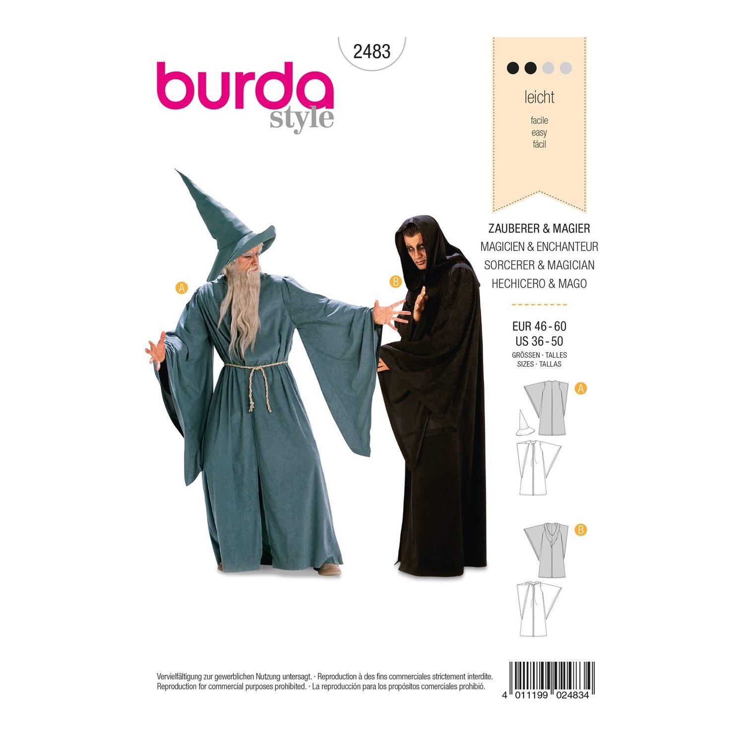burda style Schnittmuster 2483: Zauberermantel mit Hut oder Kapuze, Vorderseite der Schnittmustertüte