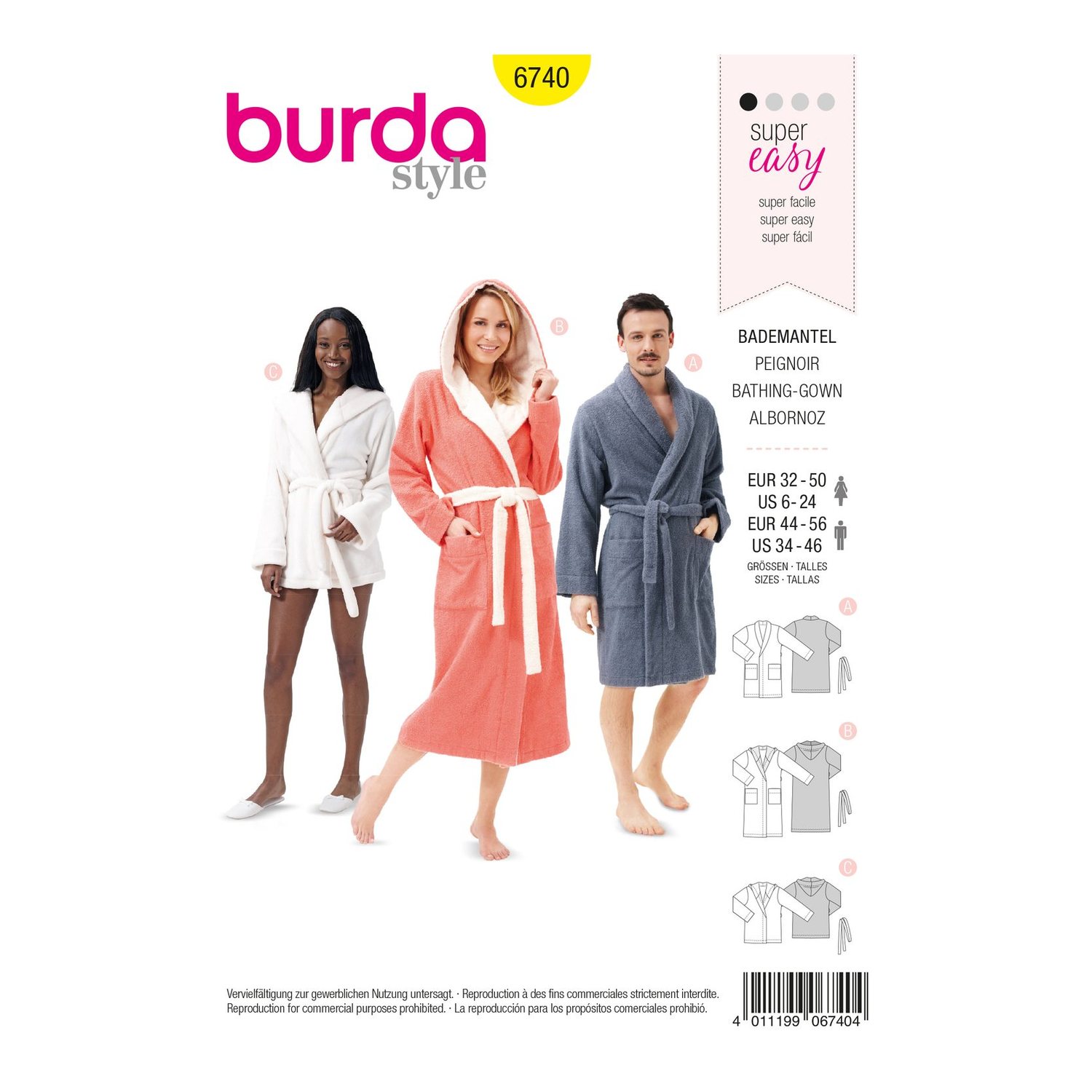 burda style Schnittmuster 6740: Bademantel mit Kapuze oder Schalkragen, Vorderseite der Schnittmustertüte