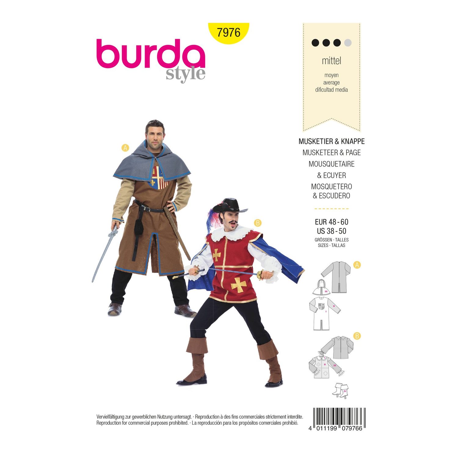 burda style Schnittmuster 7976: Musketier- und Knappenkostüm, Vorderseite der Schnittmustertüte