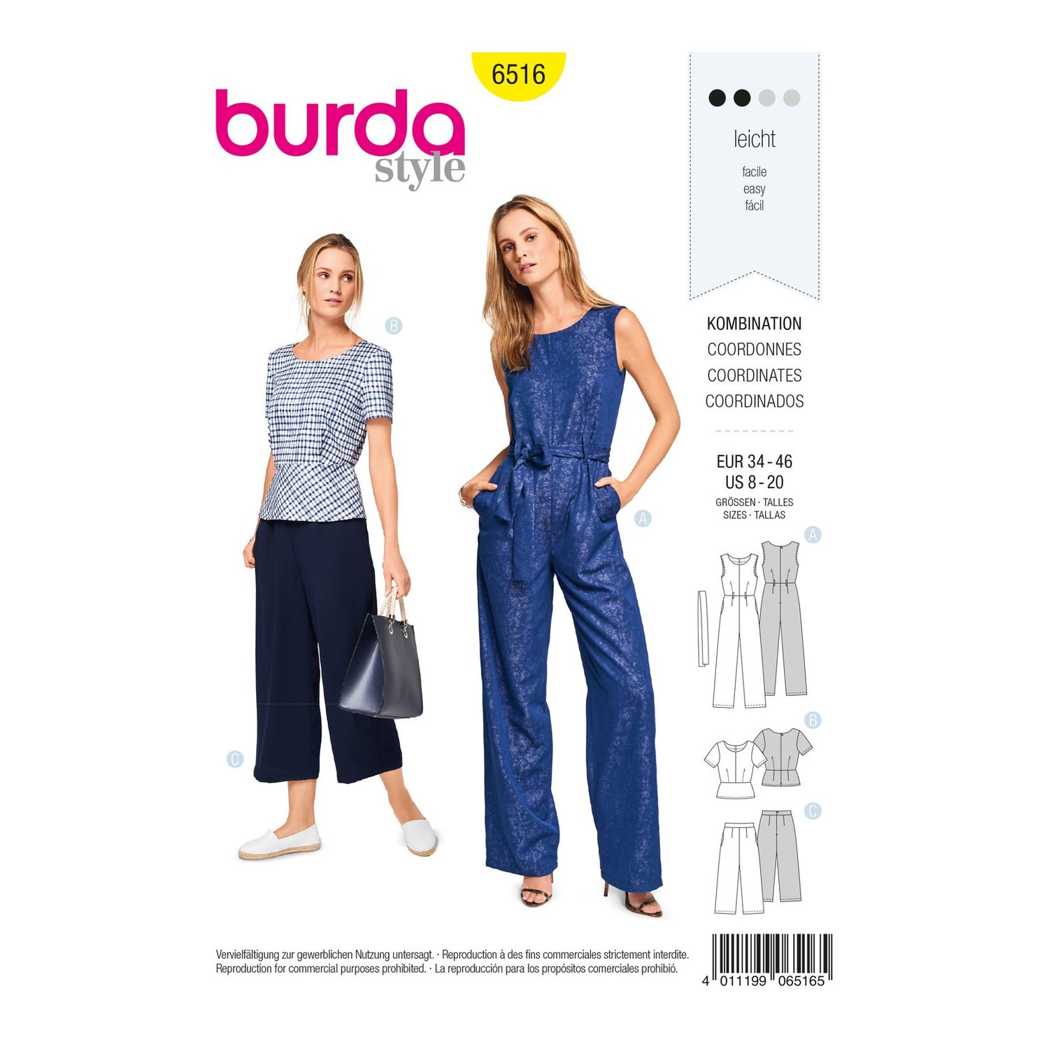burda style Schnittmuster 6516: Overall, Schößchentop und Hose, Vorderseite der Schnittmustertüte