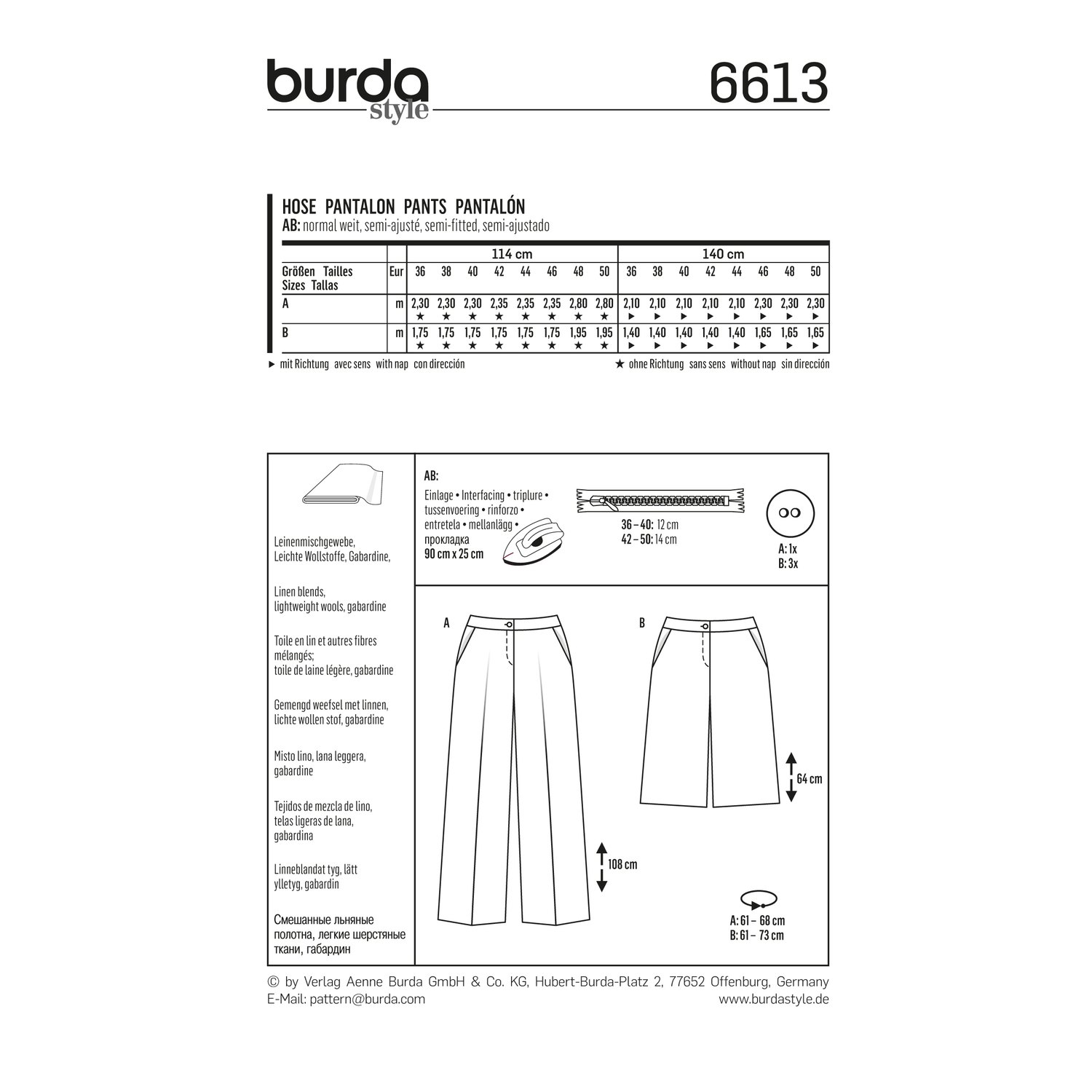 burda style Schnittmuster 6613: Weite Hose mit Formbund, Rückseite der Schnittmustertüte mit Stoffverbrauch