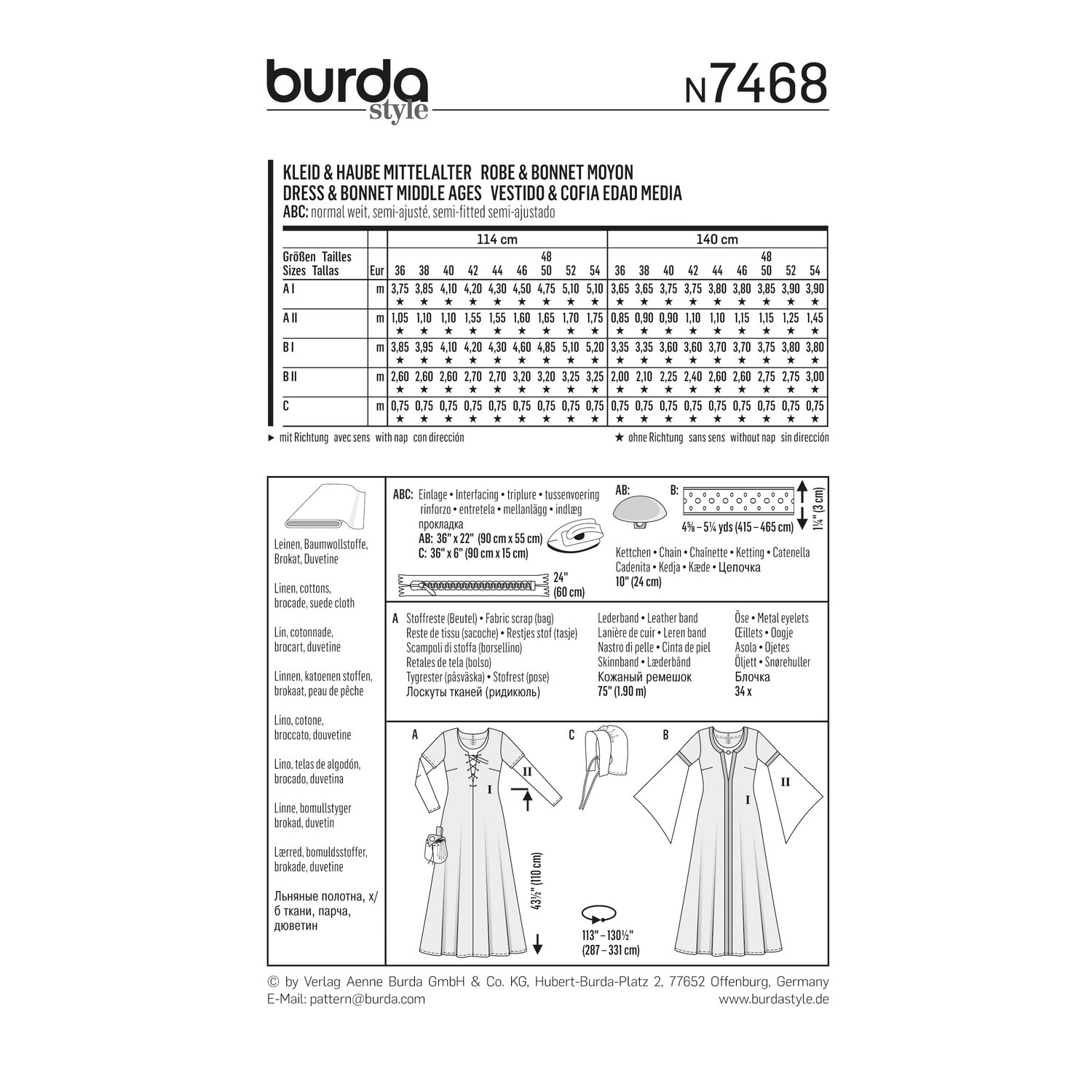burda style Schnittmuster 7468: Mittelalterkleid mit Haube, Rückseite der Schnittmustertüte mit Stoffverbrauch