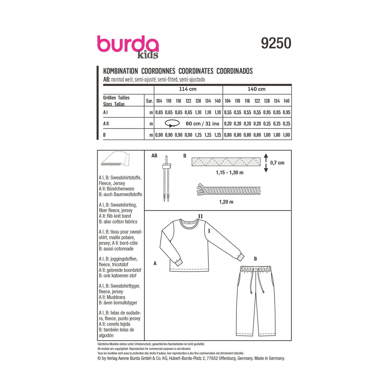 burda style Schnittmuster 9250: Langarmshirt und Hose, Rückseite der Schnittmustertüte mit Stoffverbrauch