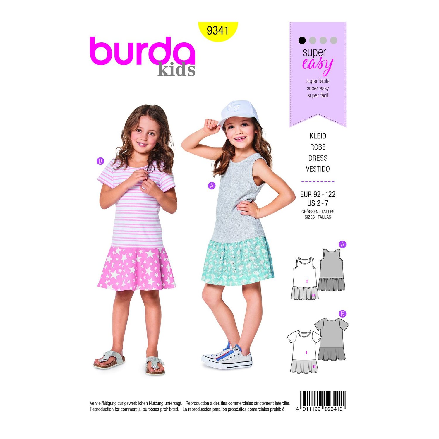 burda style Schnittmuster 9341: Jerseykleid mit Röckchen, Vorderseite der Schnittmustertüte