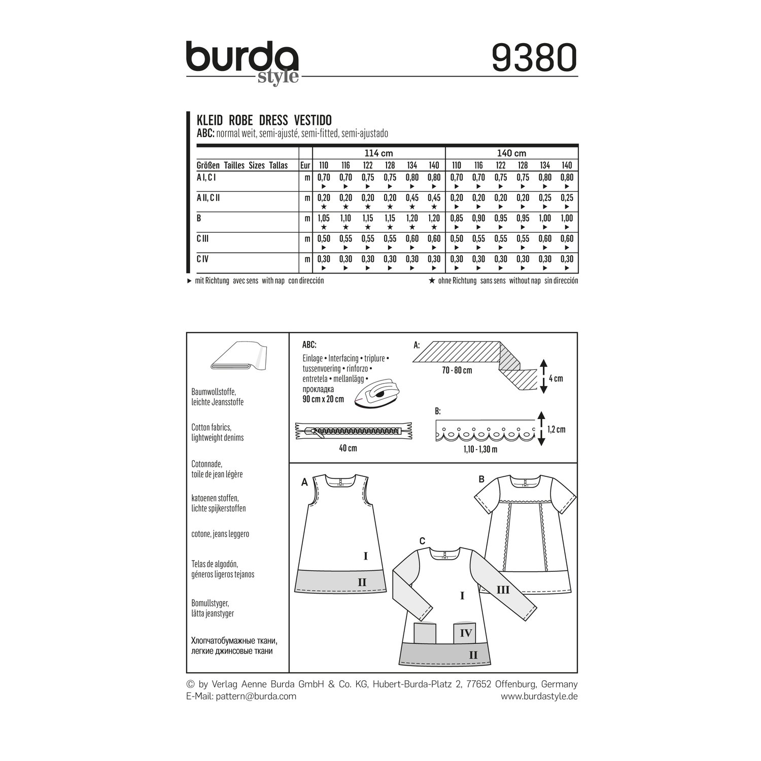 burda style Schnittmuster 9380: Einfaches Mädchenkleid, Rückseite der Schnittmustertüte mit Stoffverbrauch