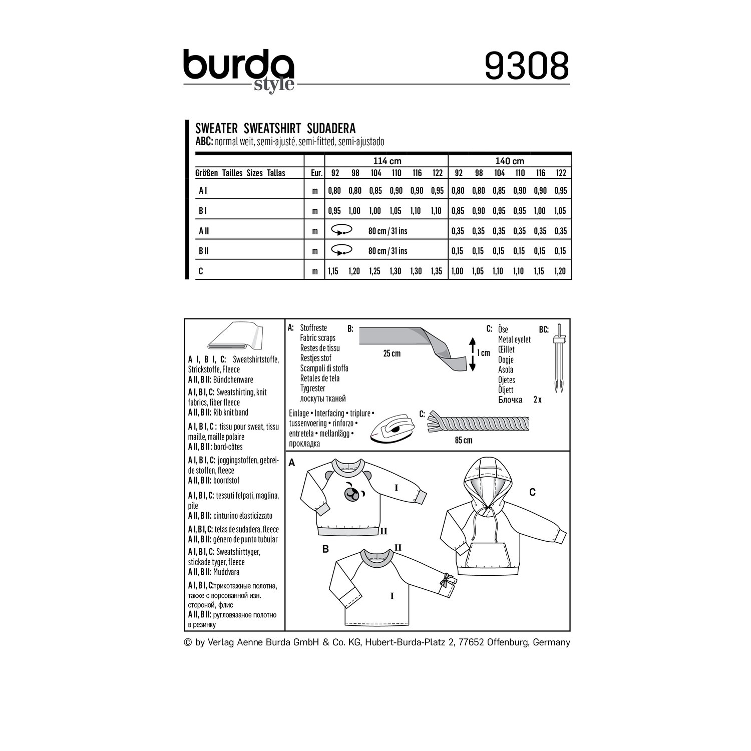 burda style Schnittmuster 9308: Sweatshirts und Hoodie, Rückseite der Schnittmustertüte mit Stoffverbrauch