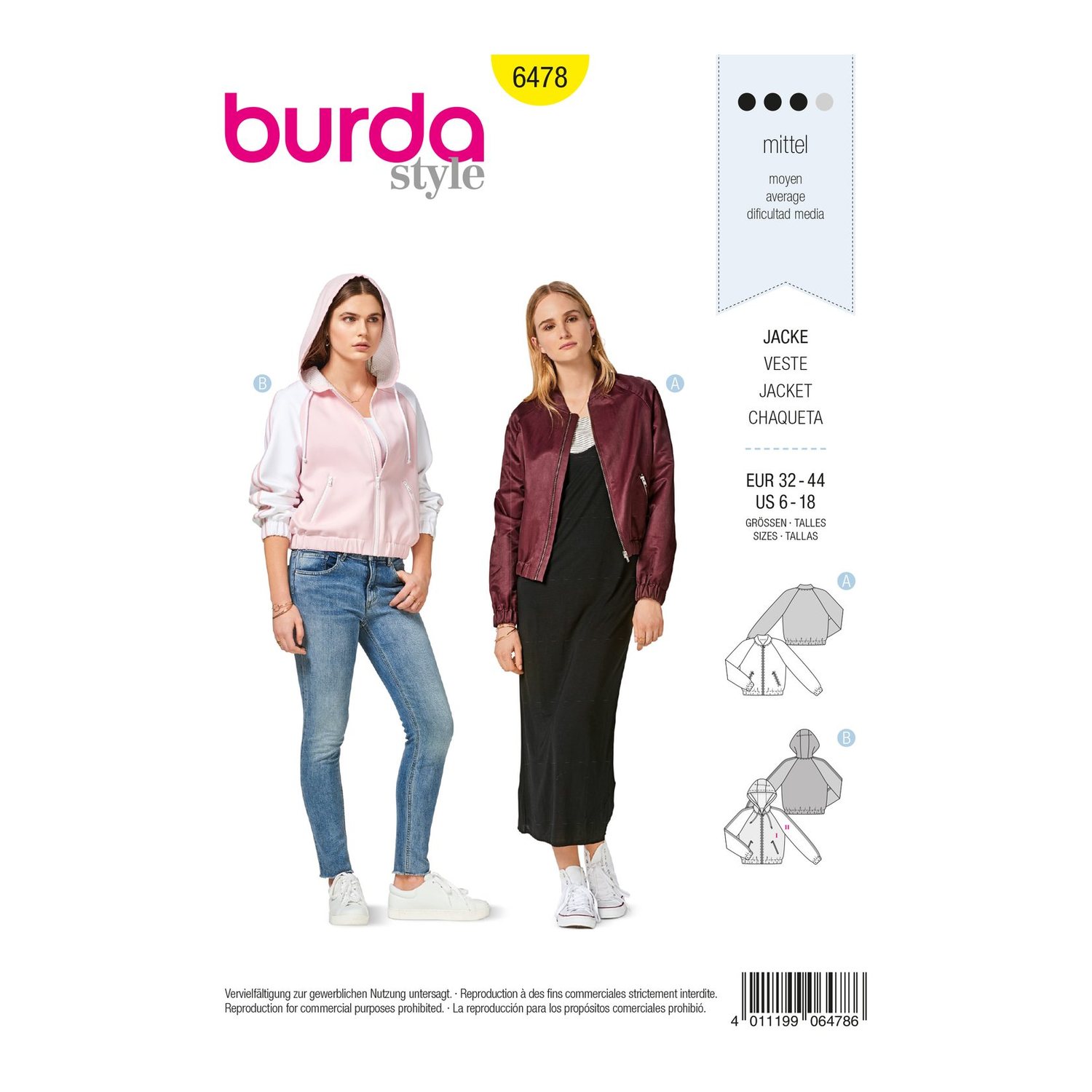 burda style Schnittmuster 6478: Blouson mit Stehkragen oder Kapuze, Vorderseite der Schnittmustertüte