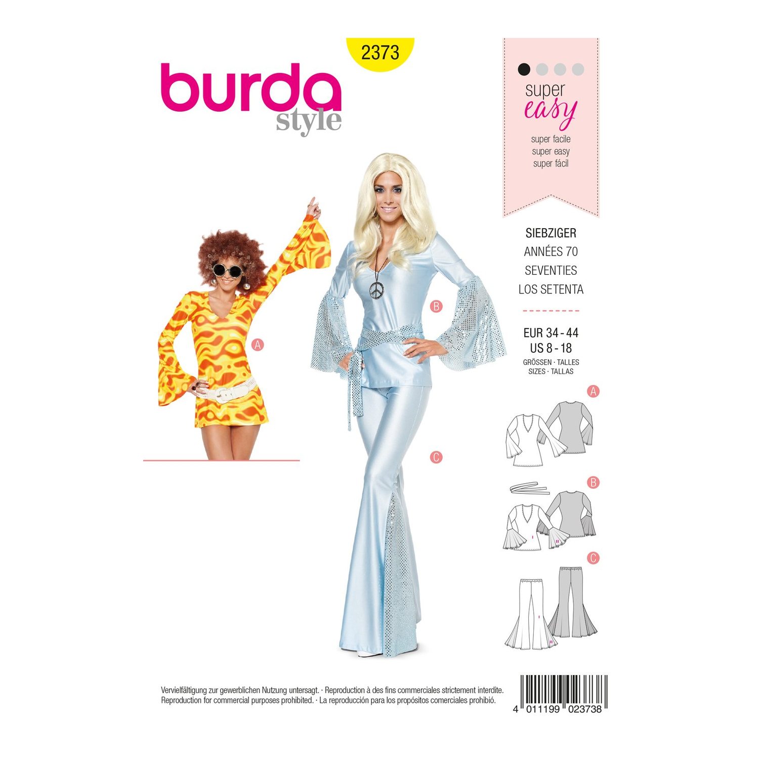 burda style Schnittmuster 2373: Minikleid, Tunika und Hose im Siebzigerlook, Vorderseite der Schnittmustertüte