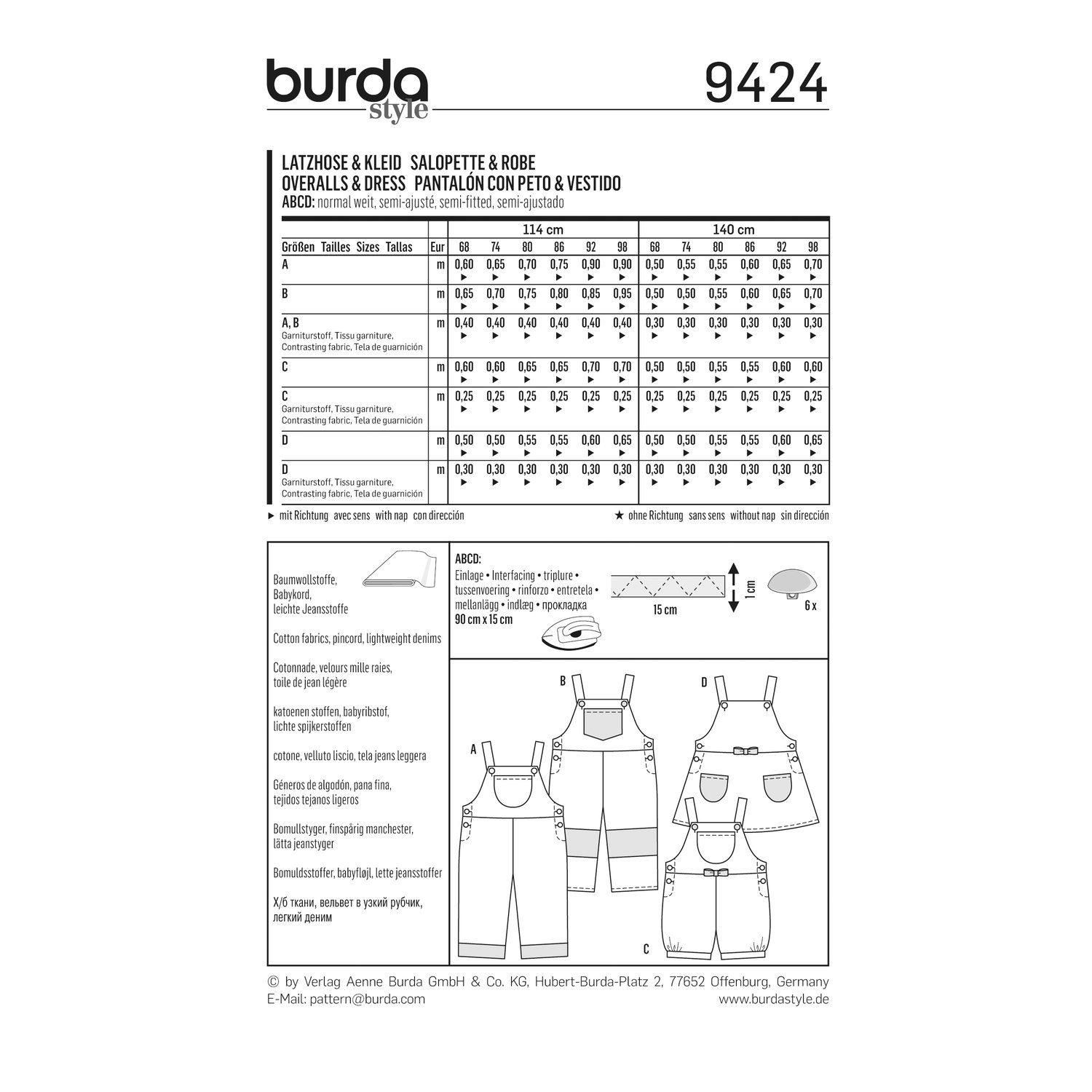 burda style Schnittmuster 9424: Latzhose und Latzrock, Rückseite der Schnittmustertüte mit Stoffverbrauch