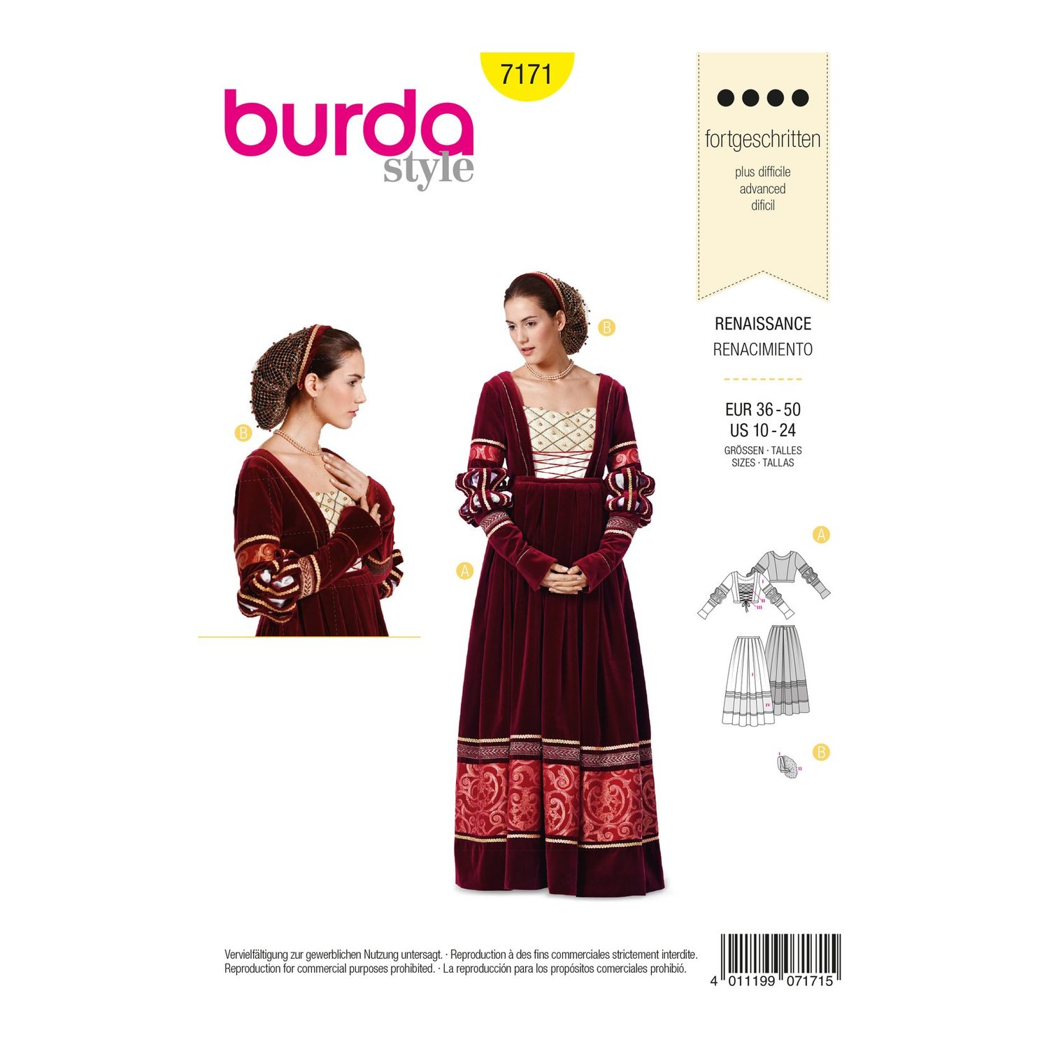 burda style Schnittmuster 7171: Renaissancekleid mit Haarnetz, Vorderseite der Schnittmustertüte