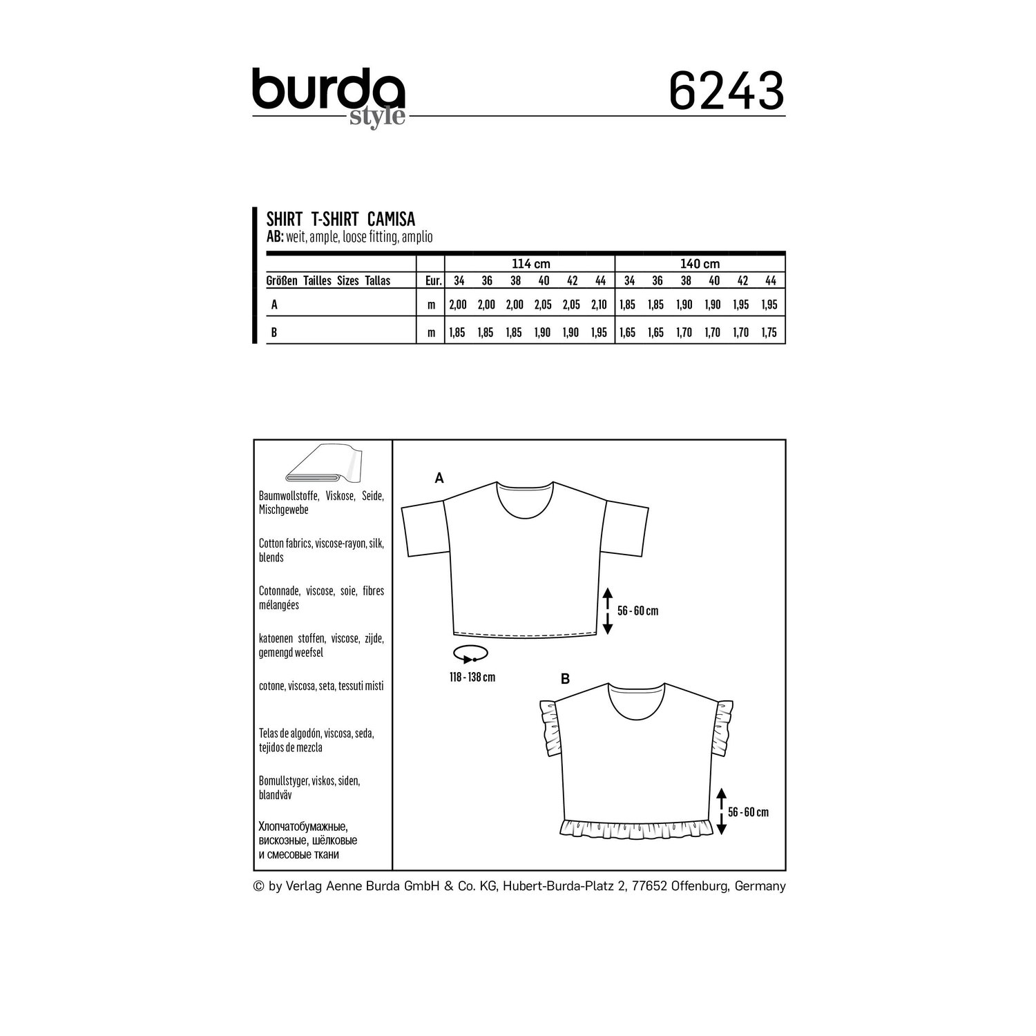 burda style Schnittmuster 6243: Weites T-Shirt mit Rüschen, Rückseite der Schnittmustertüte mit Stoffverbrauch
