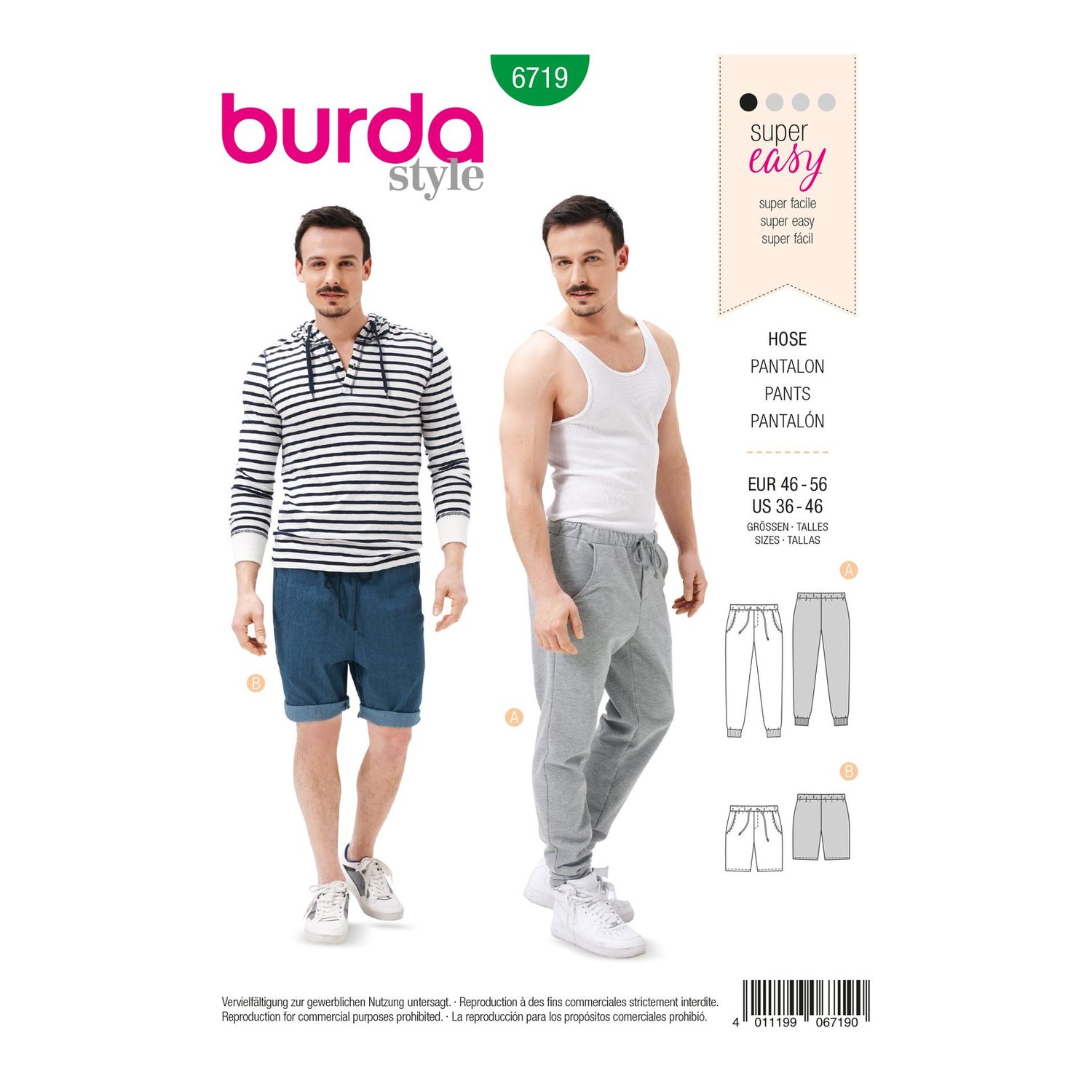 burda style Schnittmuster 6719: Jogginghose und Bermudas, Vorderseite der Schnittmustertüte