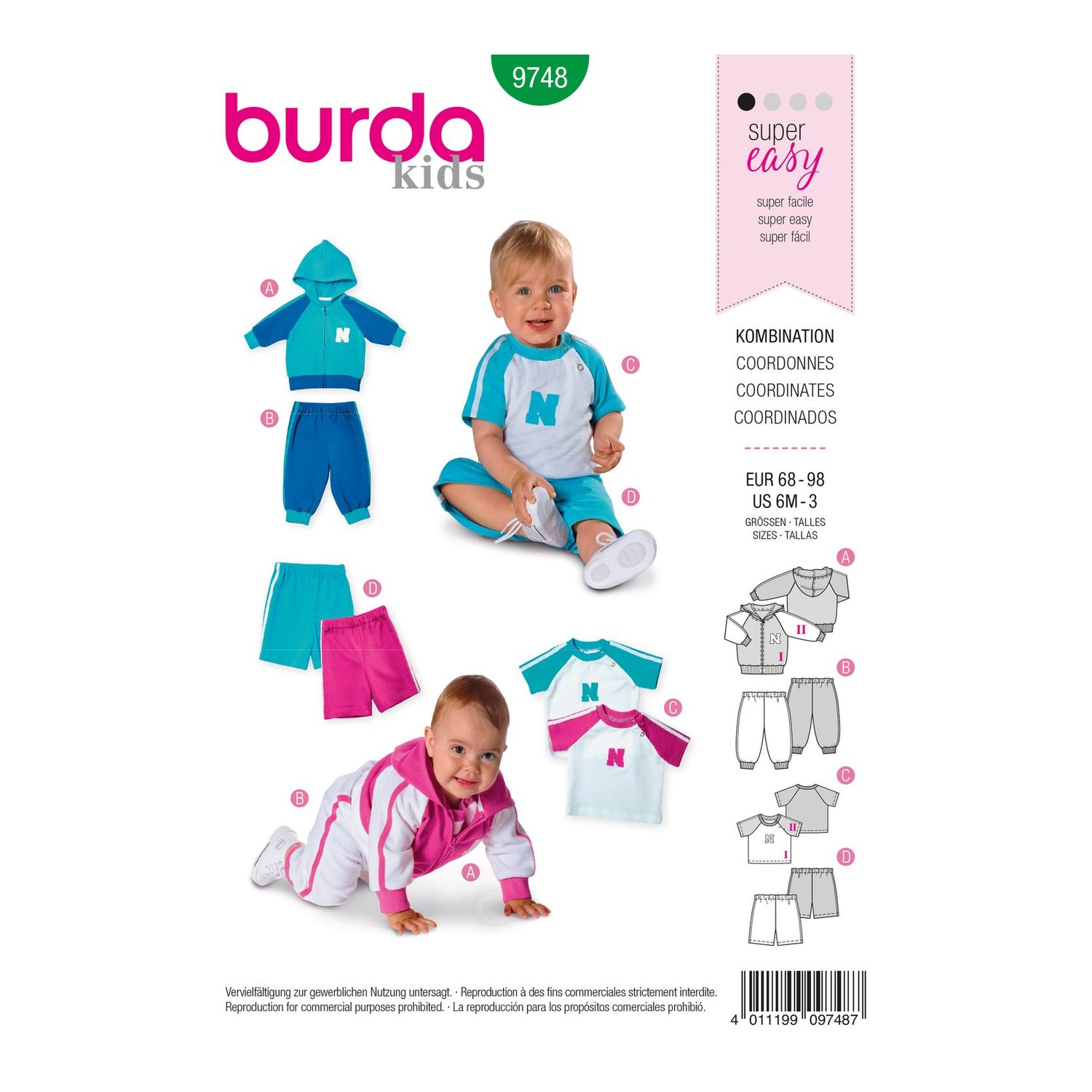 burda style Schnittmuster 9748: Kapuzenjacke, Shirt und Hosen, Vorderseite der Schnittmustertüte