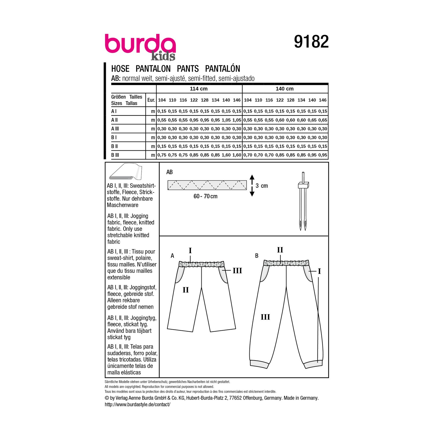 burda style Schnittmuster 9182: Sweathose und Sweatshorts, Rückseite der Schnittmustertüte mit Stoffverbrauch