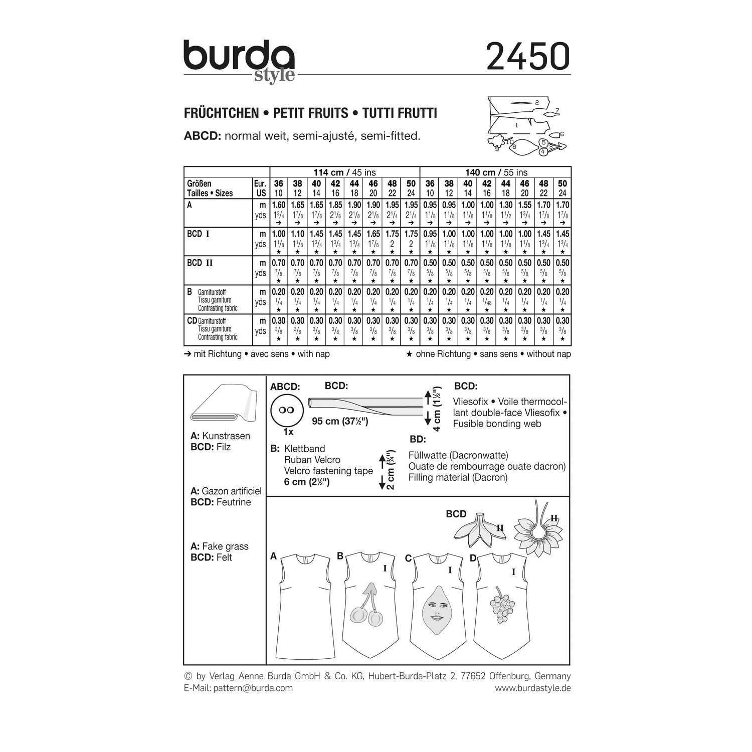 burda style Schnittmuster 2450: Kostümkleid mit Früchte-Dekor, Rückseite der Schnittmustertüte mit Stoffverbrauch