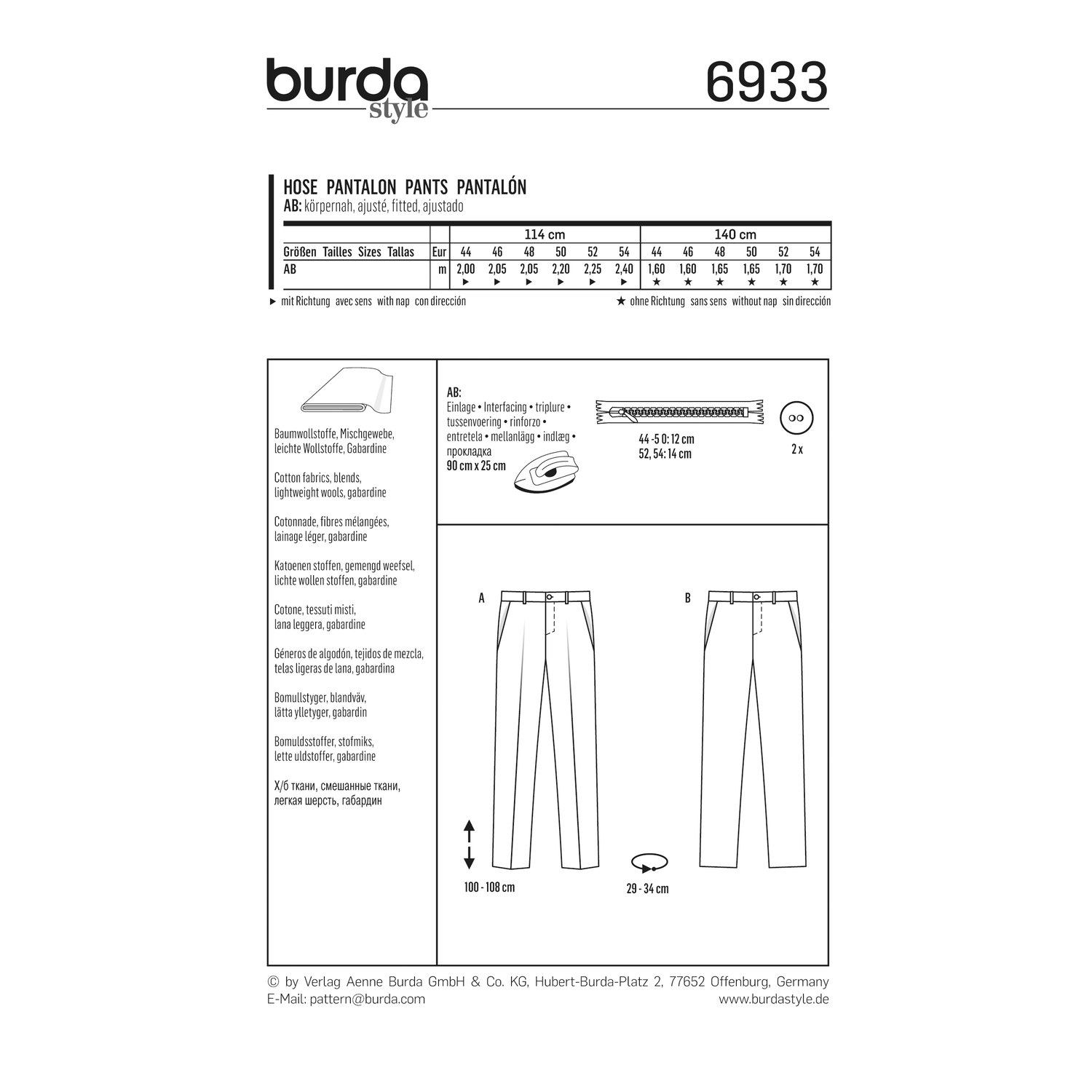 burda style Schnittmuster 6933: Hose für Herren, Rückseite der Schnittmustertüte mit Stoffverbrauch