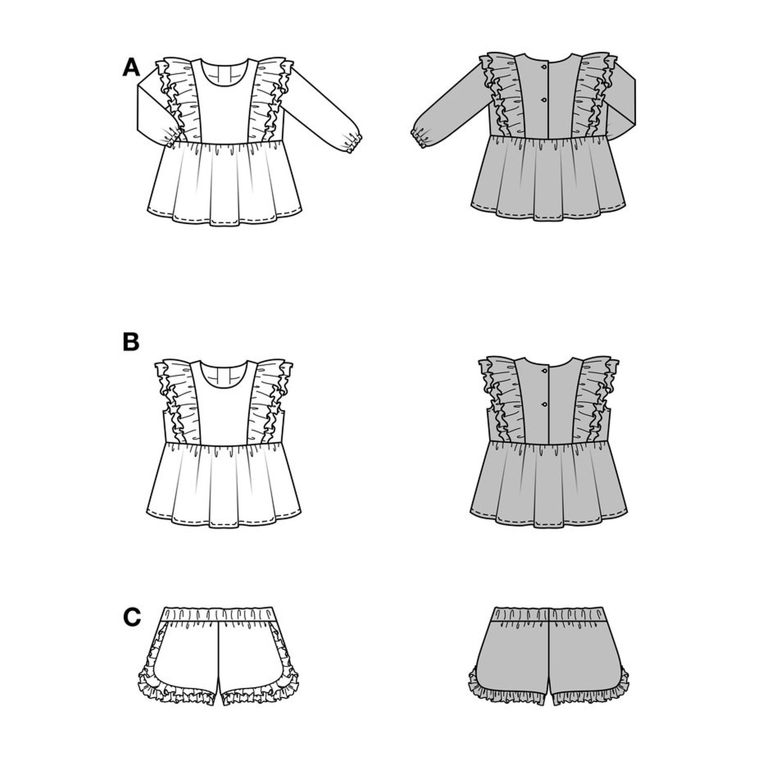 burda style Schnittmuster 9190: Tunika, Top und Shorts, Technische Zeichnung