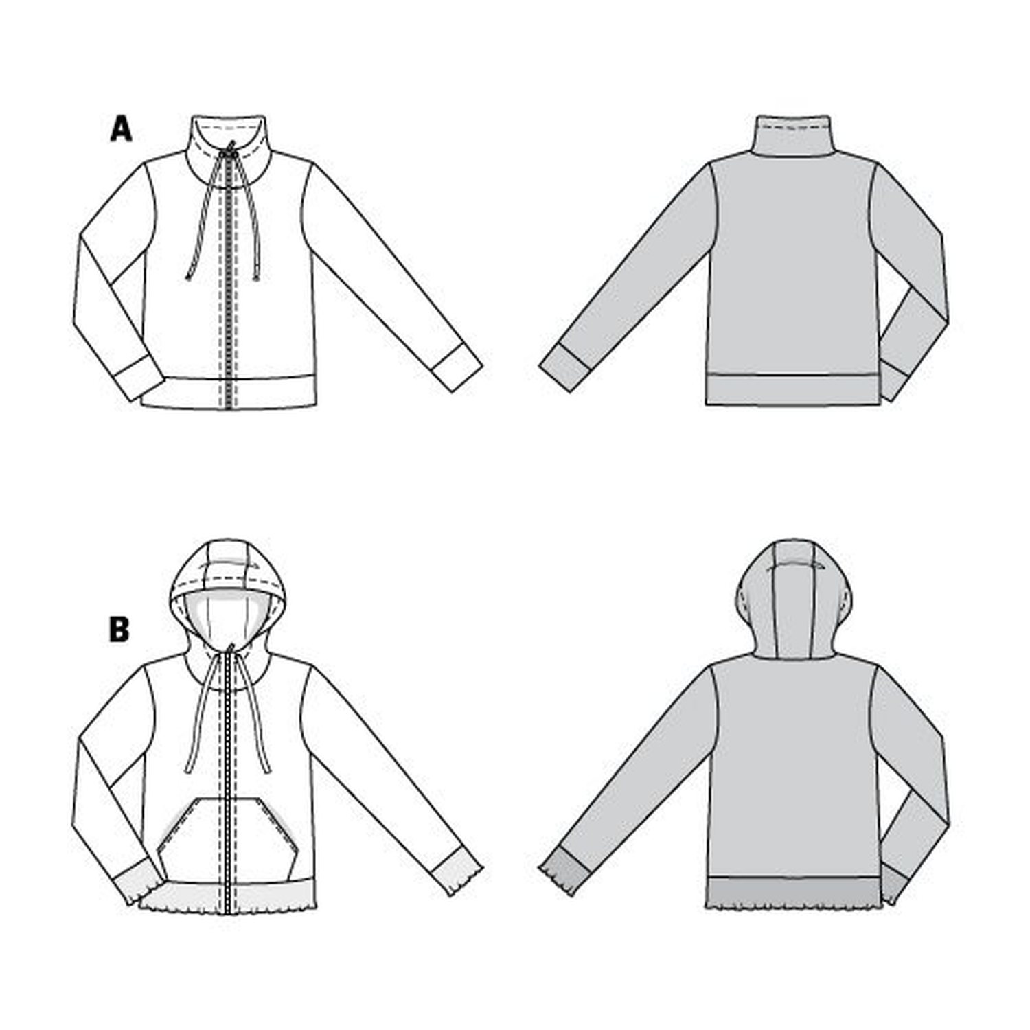 burda style Schnittmuster 6090: Sweatjacke mit Reißverschluss, Technische Zeichnung
