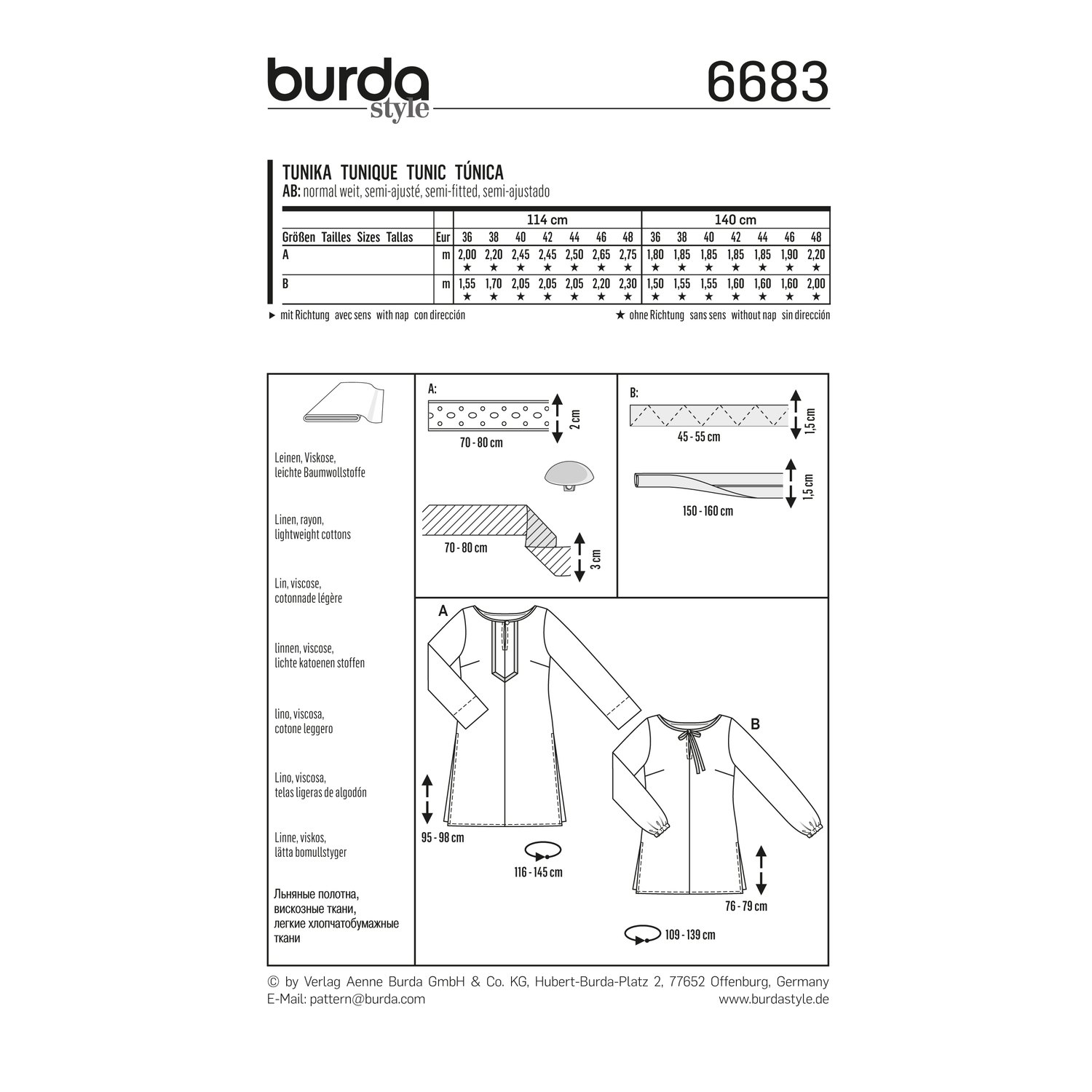 burda style Schnittmuster 6683: Tunika mit Schlitzausschnitt, Rückseite der Schnittmustertüte mit Stoffverbrauch