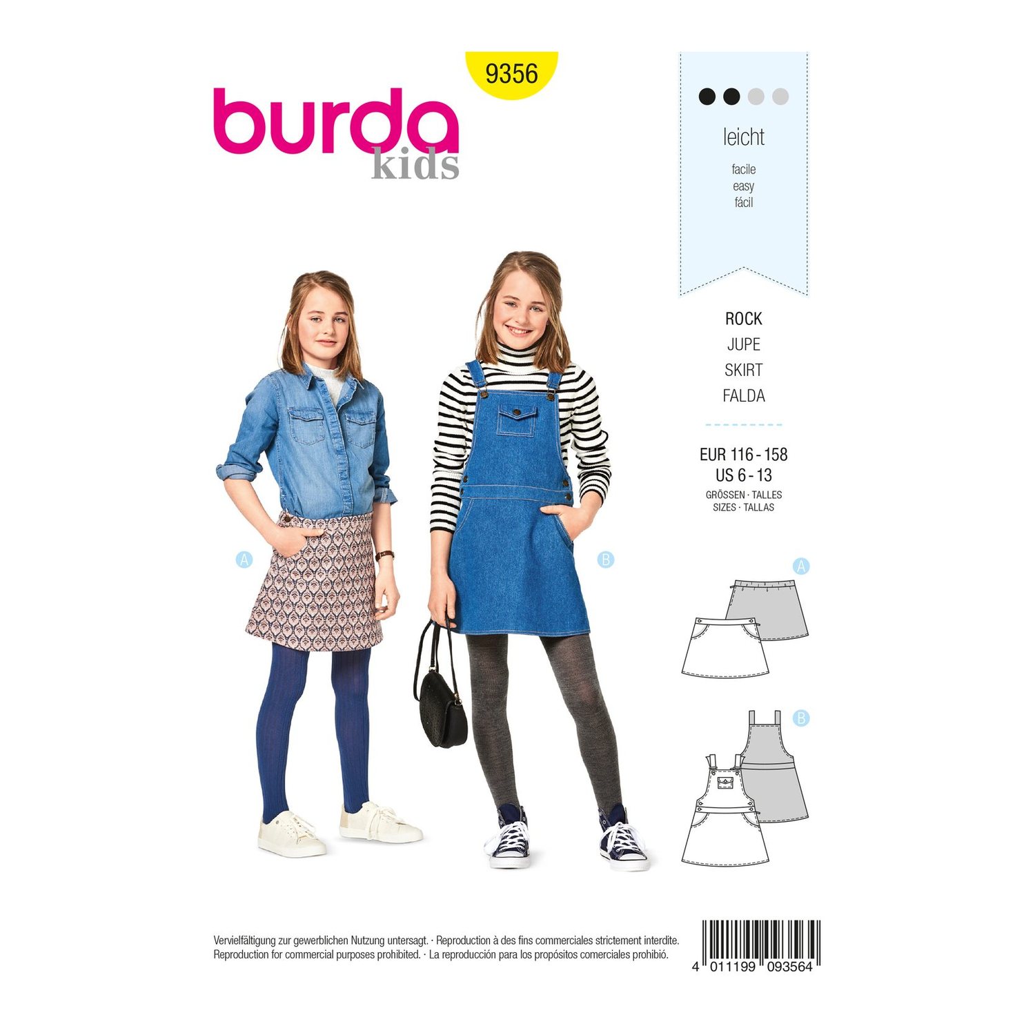 burda style Schnittmuster 9356: Ausgestellter Rock und Latzrock, Vorderseite der Schnittmustertüte