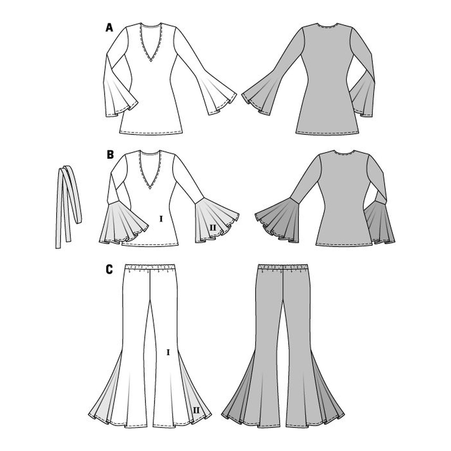 burda style Schnittmuster 2373: Minikleid, Tunika und Hose im Siebzigerlook, Technische Zeichnung