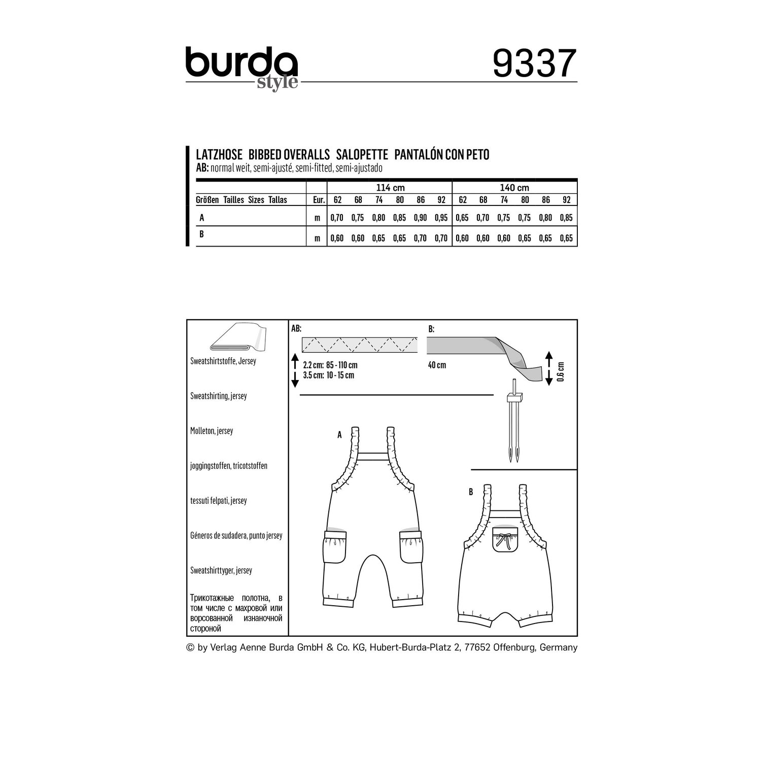 burda style Schnittmuster 9337: Babylatzhose mit Gummizug, Rückseite der Schnittmustertüte mit Stoffverbrauch