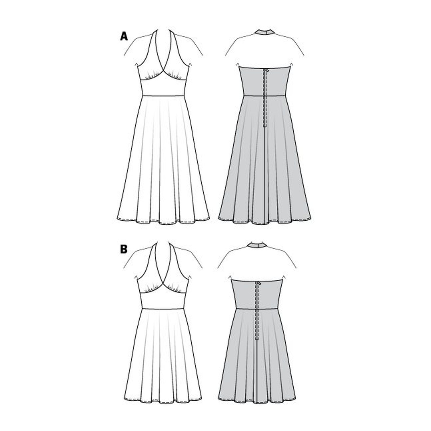 burda style Schnittmuster 2393: Neckholder-Kleid mit Glockenrock, Technische Zeichnung