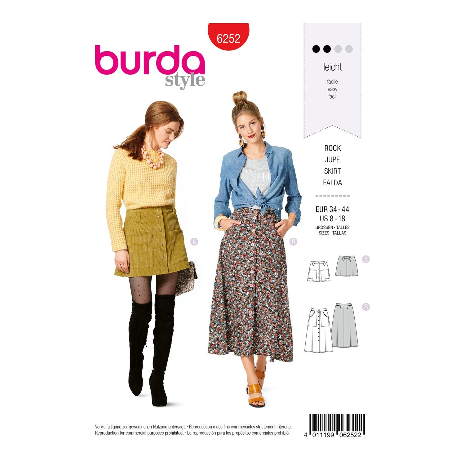 burda style Schnittmuster 6252: Ausgestellter Rock mit Formbund, Vorderseite der Schnittmustertüte