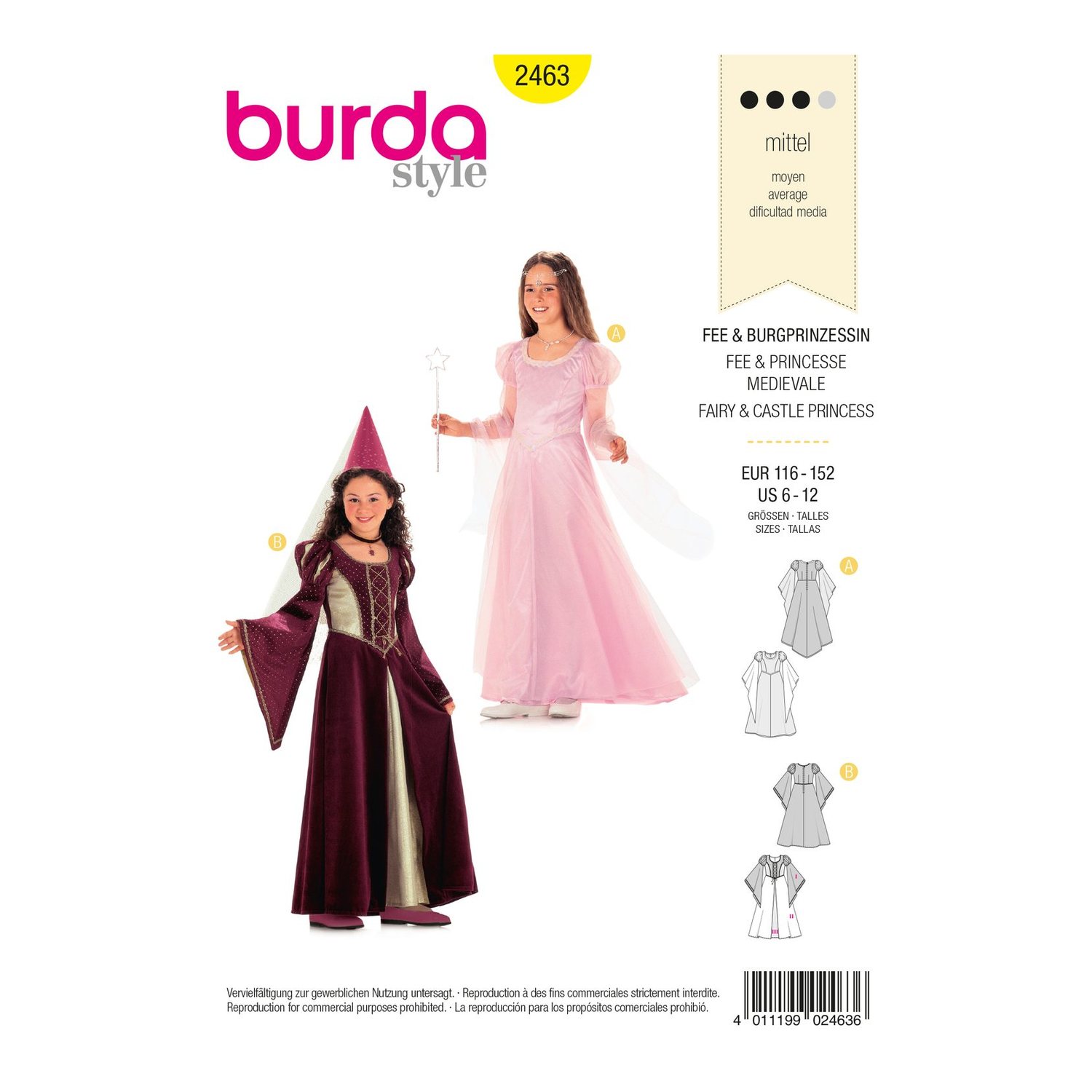 burda style Schnittmuster 2463: Kleider für Fee und Burgfräulein, Vorderseite der Schnittmustertüte