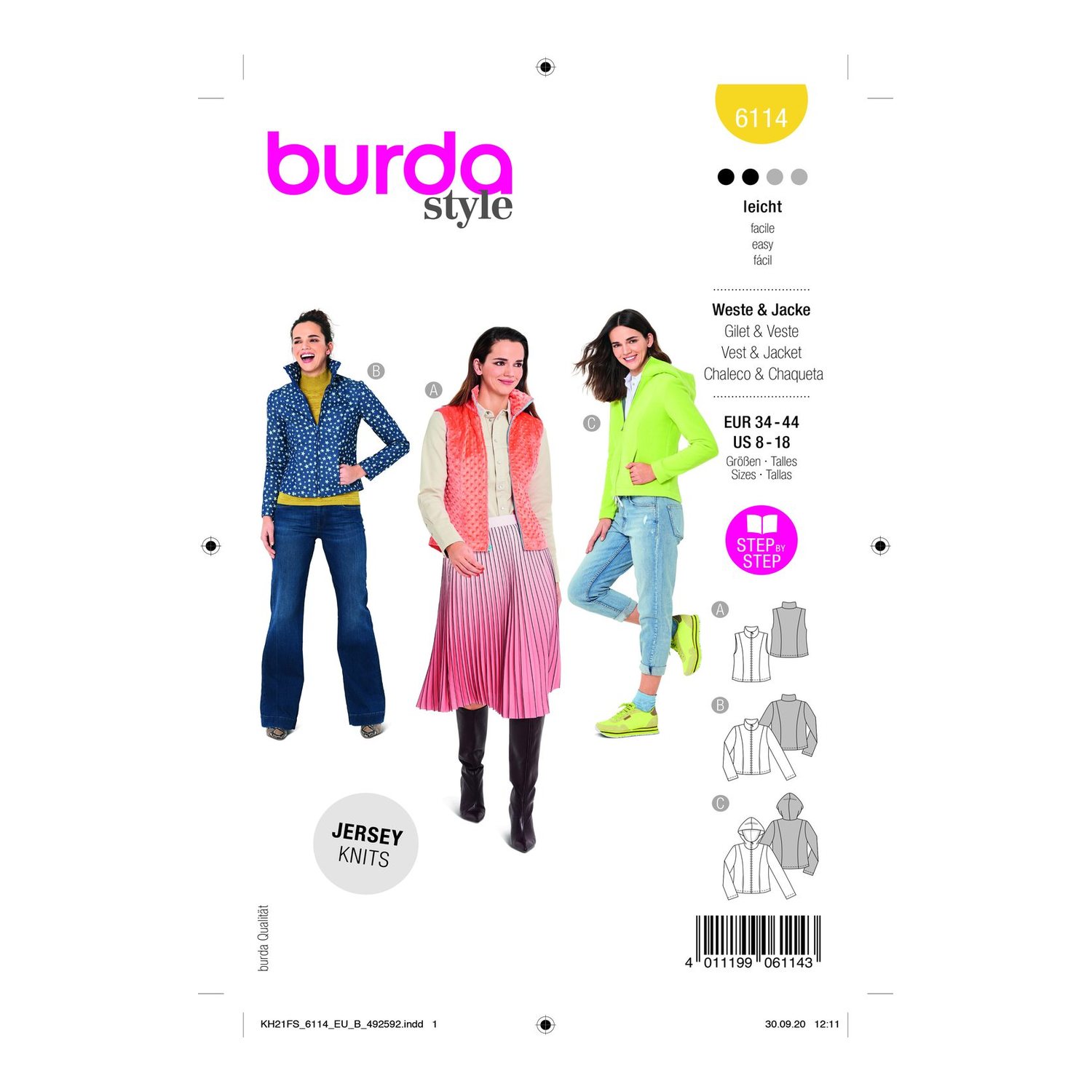 burda style Schnittmuster 6114: Weste und Jacke mit Reißverschluss, Vorderseite der Schnittmustertüte