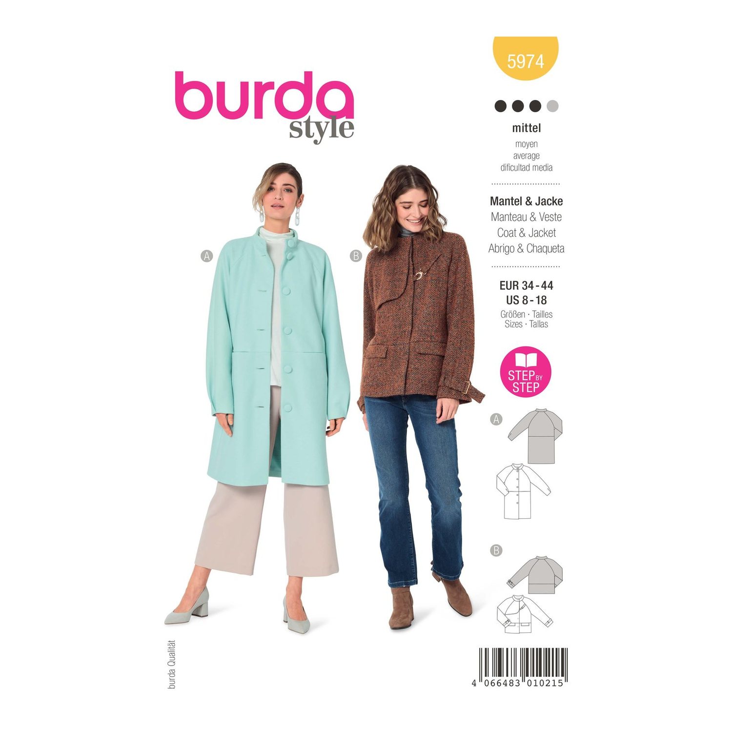 burda style Schnittmuster 5974: Mantel und Jacke mit Raglanärmeln, Modellfoto 1