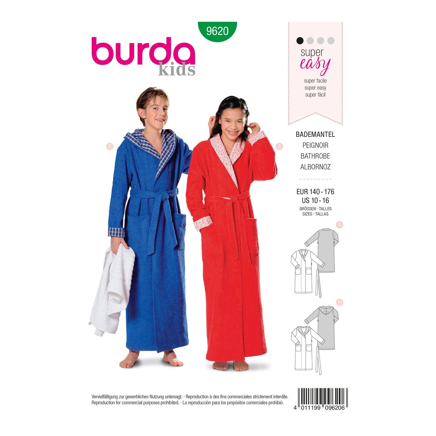 burda style Schnittmuster 9620: Bademantel für Teens, Vorderseite der Schnittmustertüte