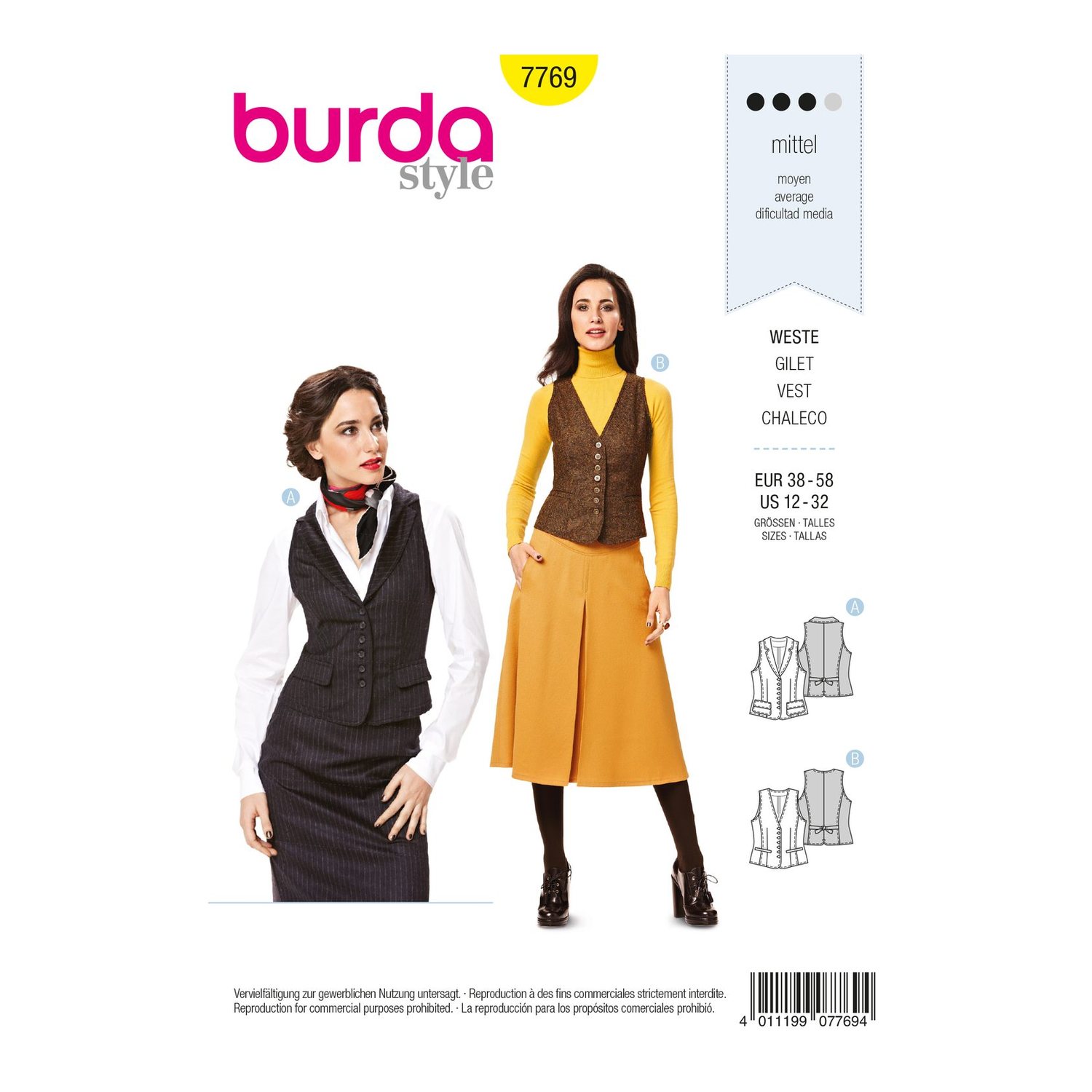 burda style Schnittmuster 7769: Weste für Damen, Vorderseite der Schnittmustertüte