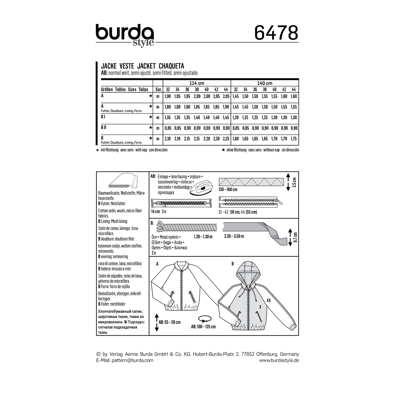 burda style Schnittmuster 6478: Blouson mit Stehkragen oder Kapuze, Rückseite der Schnittmustertüte mit Stoffverbrauch