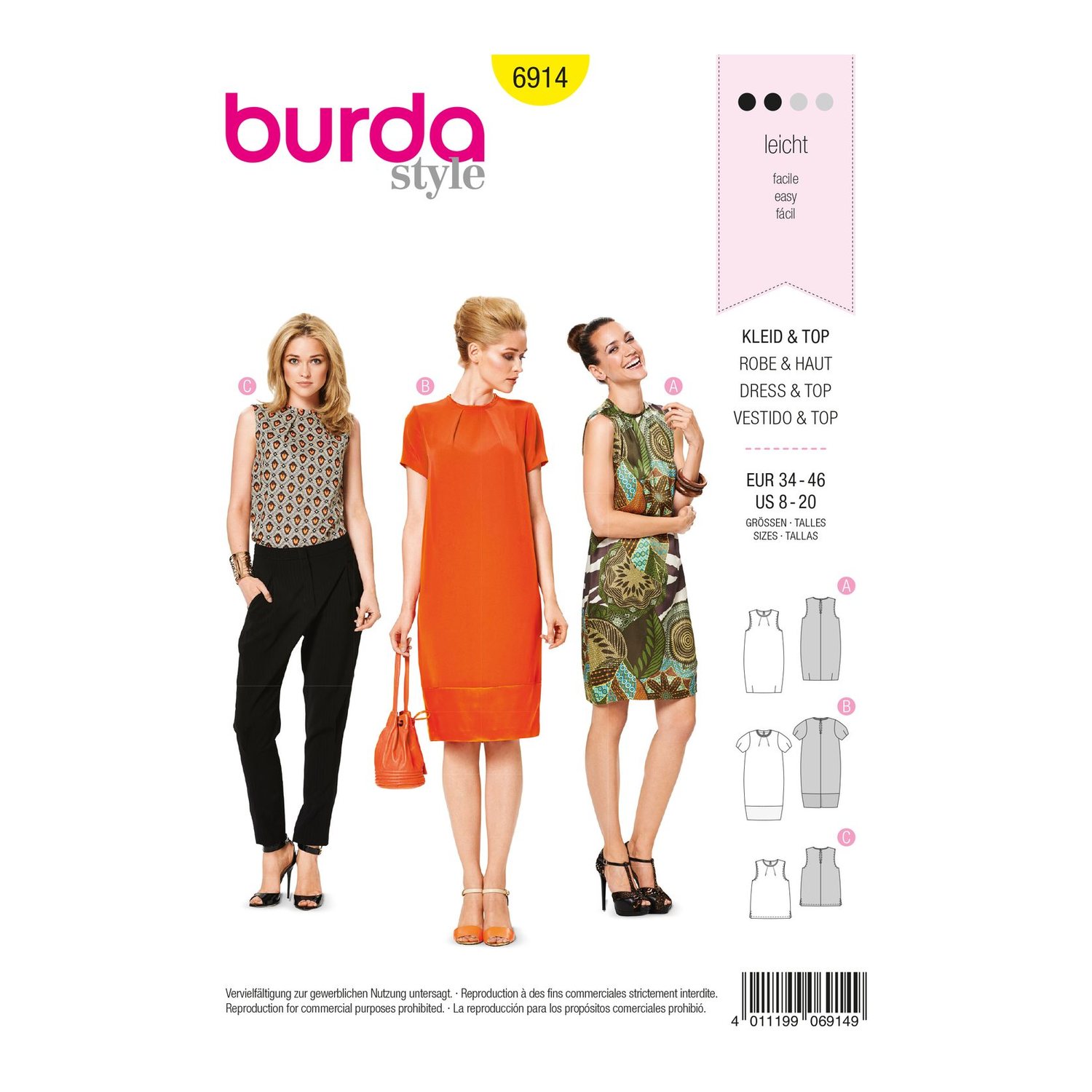 burda style Schnittmuster 6914: Kleid und Top mit Fältchen, Vorderseite der Schnittmustertüte
