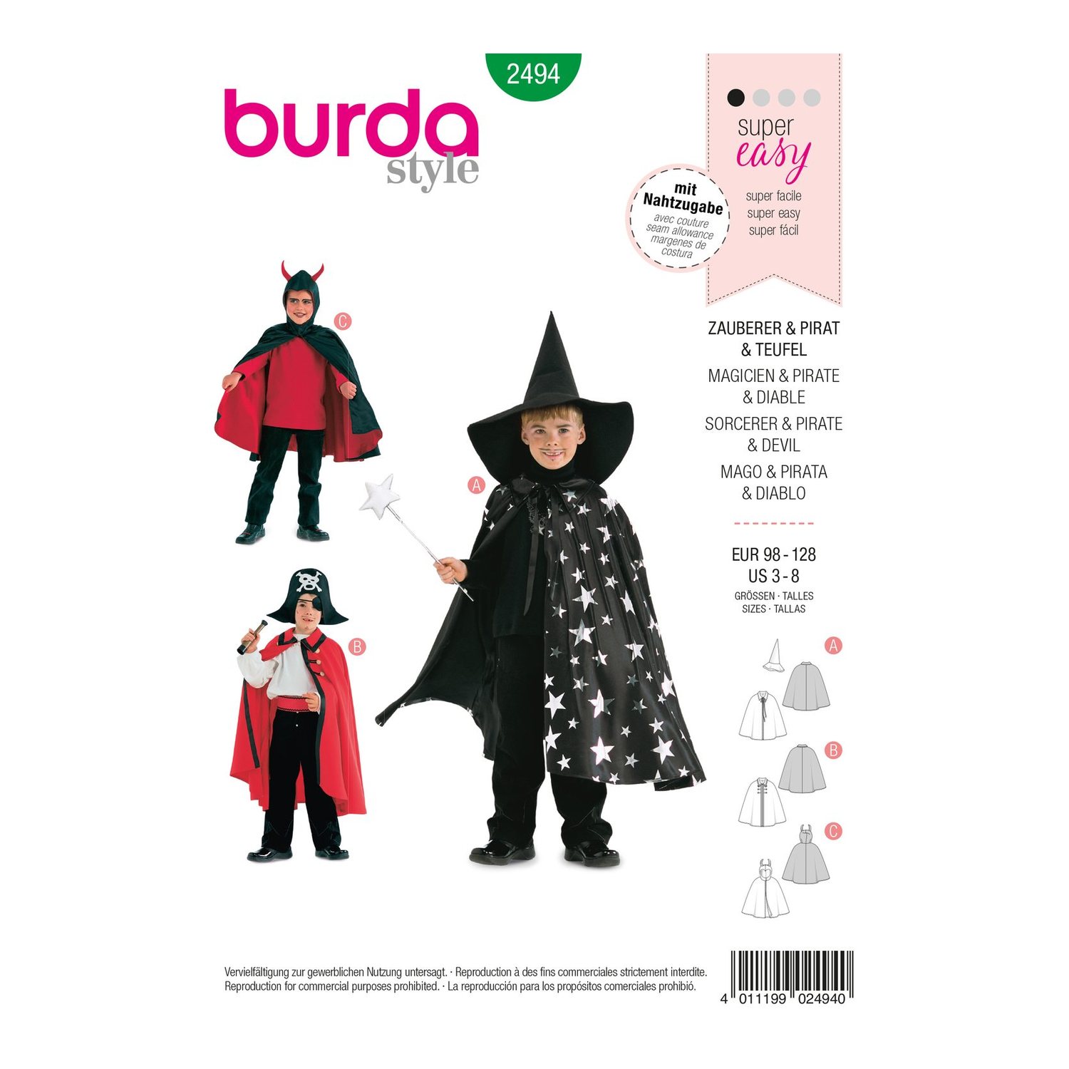 burda style Schnittmuster 2494: Kostüm-Cape für Kinder, Vorderseite der Schnittmustertüte