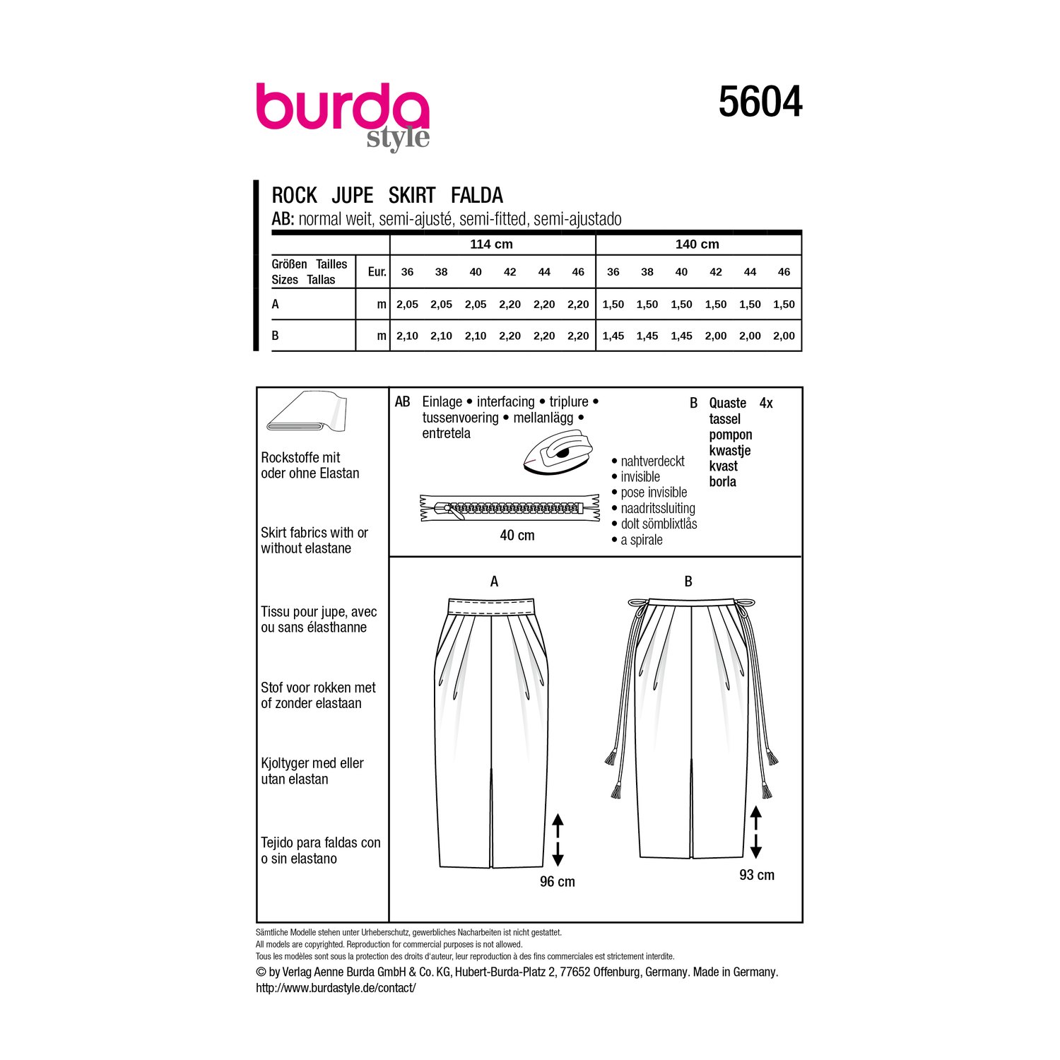 burda style Schnittmuster 5604: Midiröcke in Tulpenform und Boho-Stil, Rückseite der Schnittmustertüte mit Stoffverbrauch