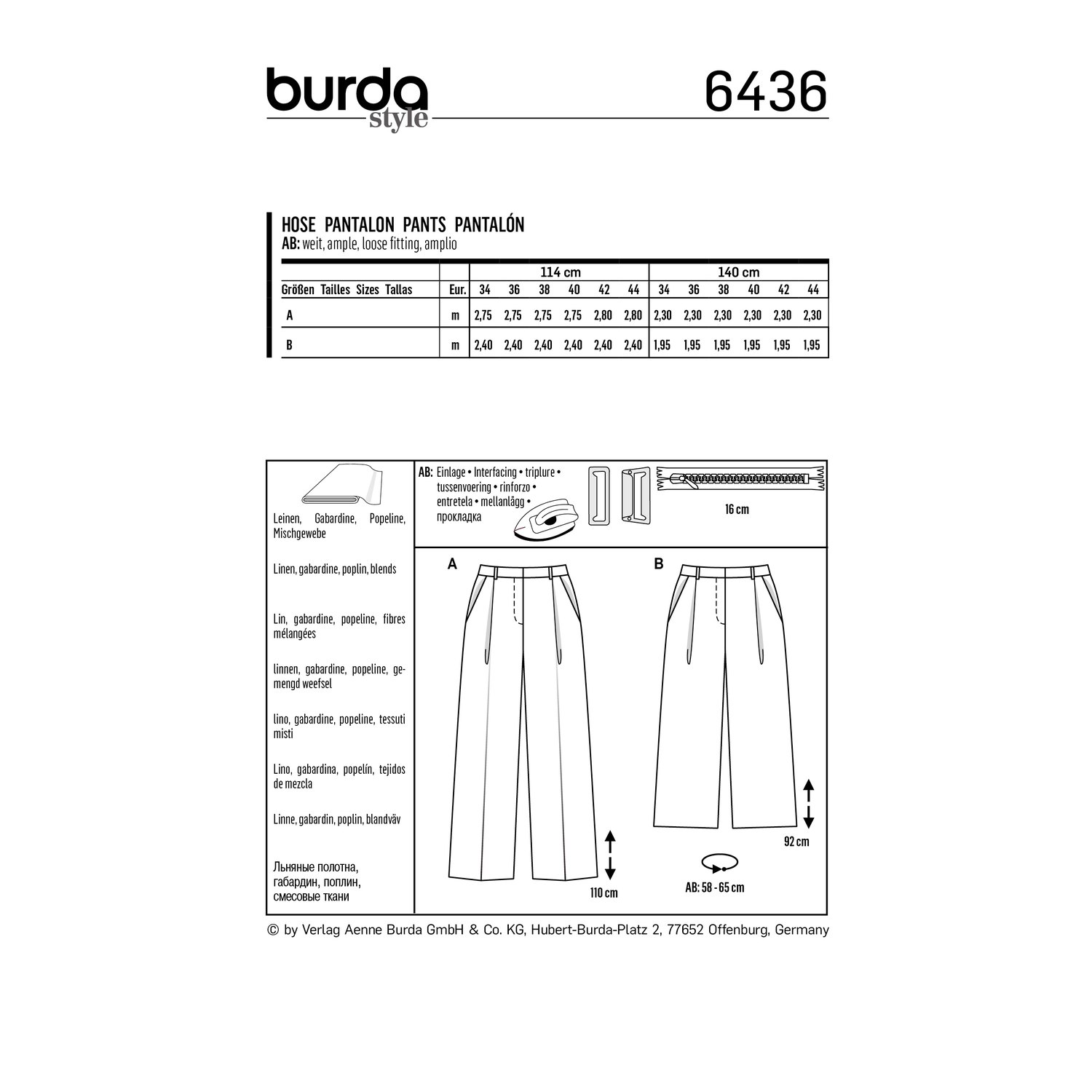 burda style Schnittmuster 6436: Weite Bundfaltenhose, Rückseite der Schnittmustertüte mit Stoffverbrauch