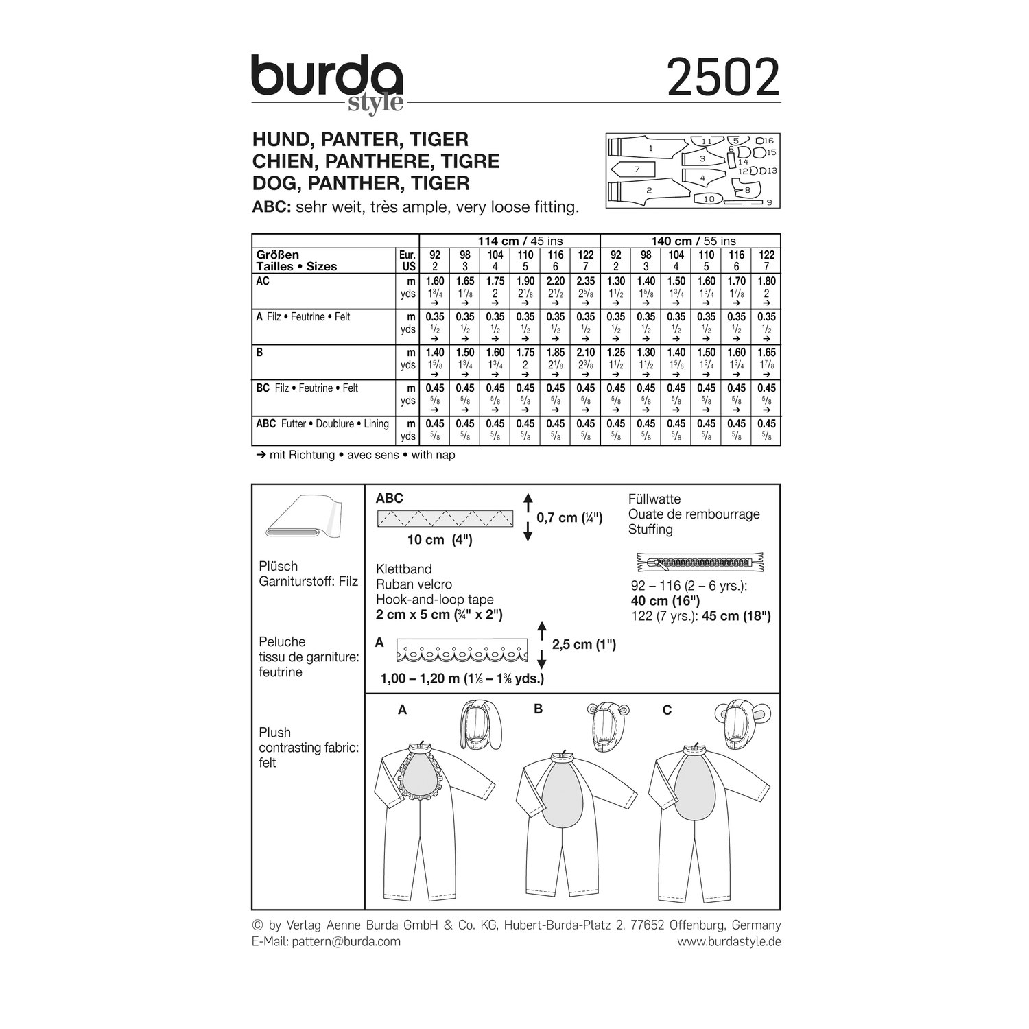 burda style Schnittmuster 2502: Tieroverall für Kinder, Rückseite der Schnittmustertüte mit Stoffverbrauch
