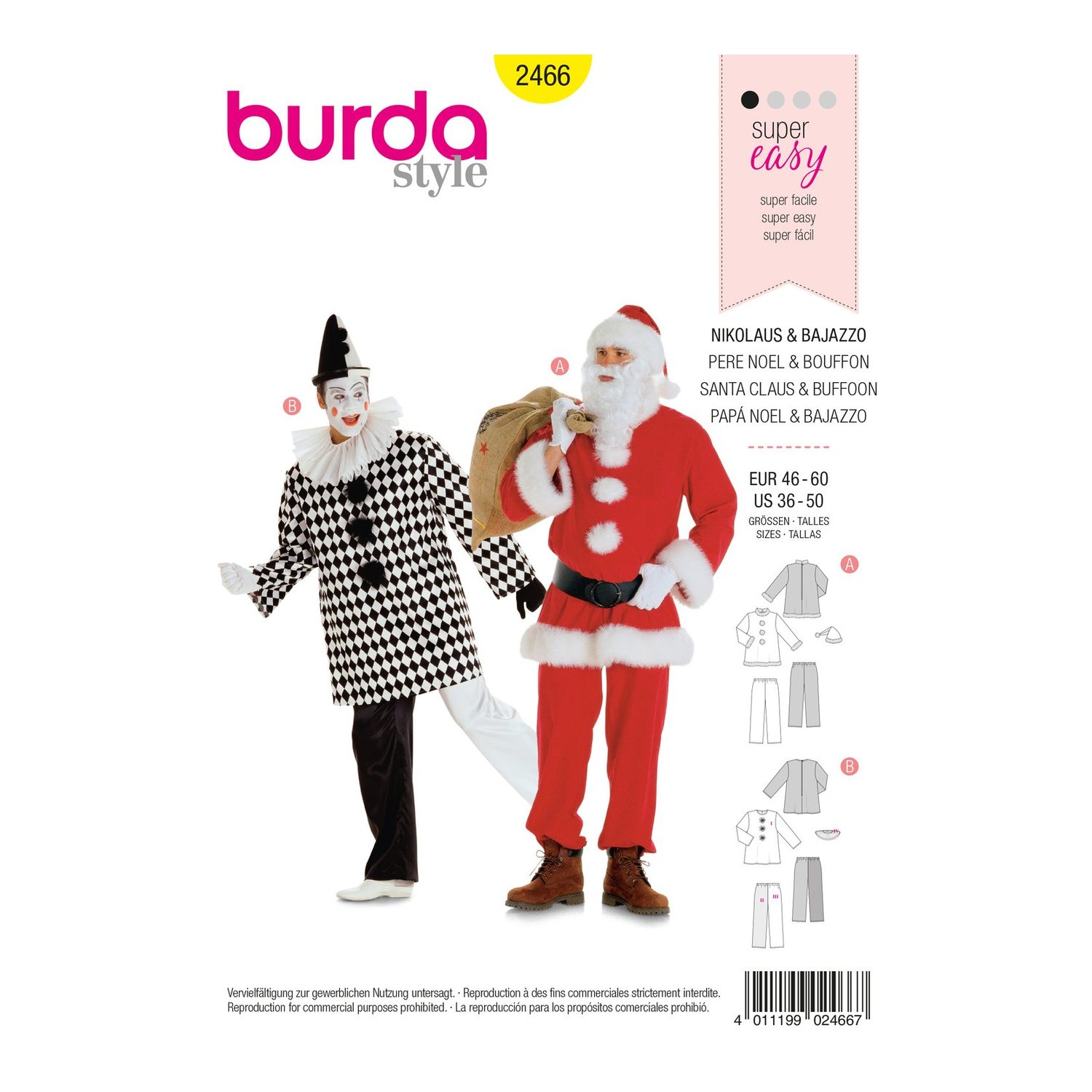 burda style Schnittmuster 2466: Kostüme Nikolaus und Bajazzo, Vorderseite der Schnittmustertüte